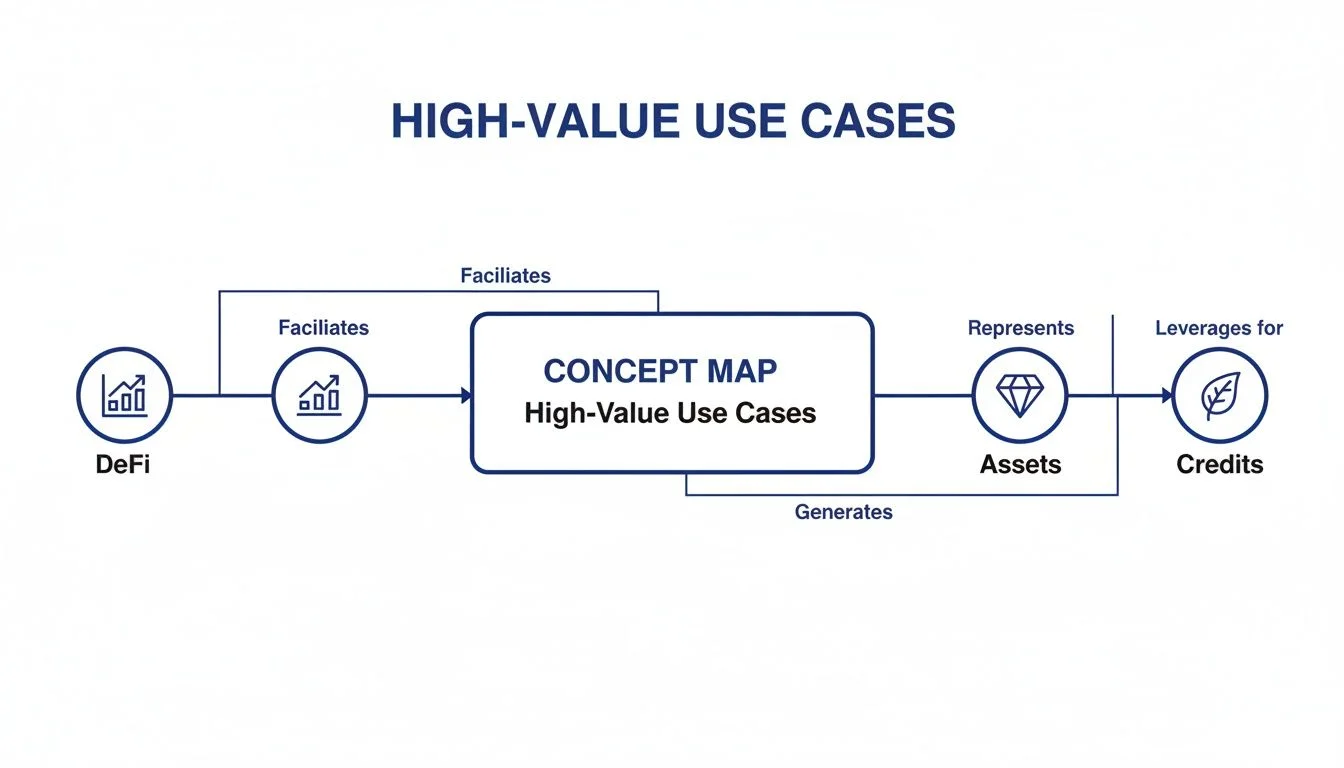 A concept map diagram illustrating high-value use cases, connecting DeFi, assets, and credits.
