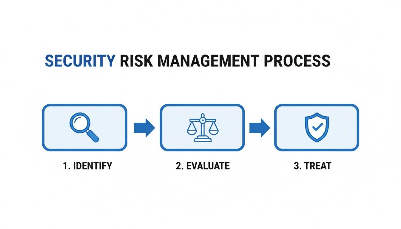 A diagram illustrating the security risk management process with three steps: identify, evaluate, and treat.