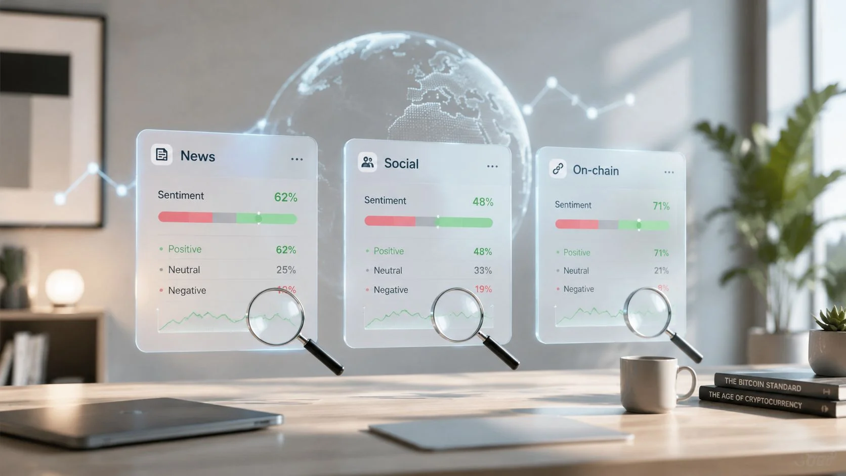 A digital interface floating above a desk displaying sentiment analysis data for news, social, and on-chain trends.