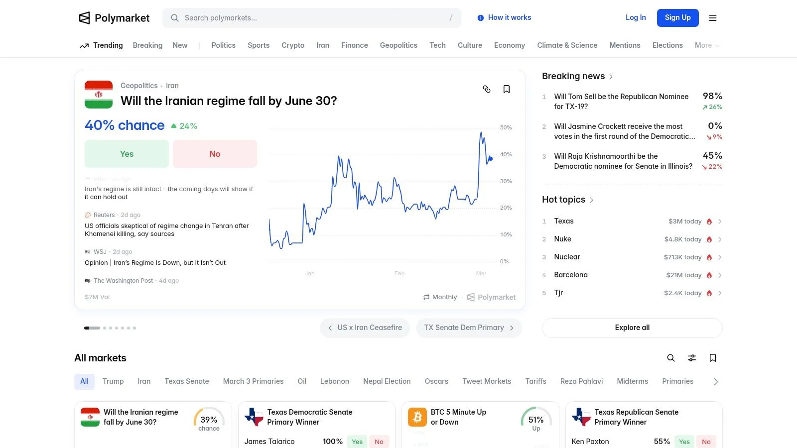 Polymarket interface showing various prediction markets.