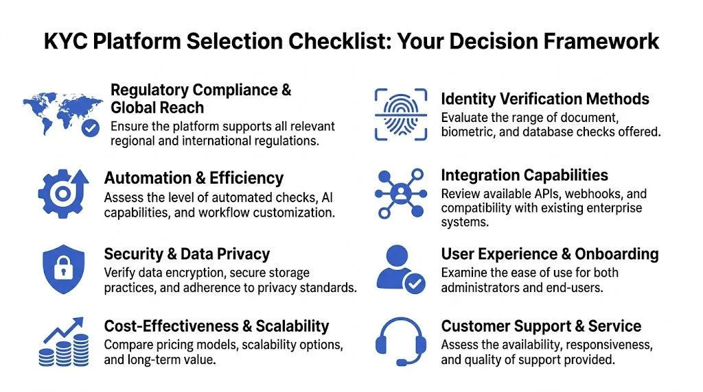 A comprehensive checklist for selecting a KYC platform, highlighting essential criteria like compliance, automation, security, and integration.