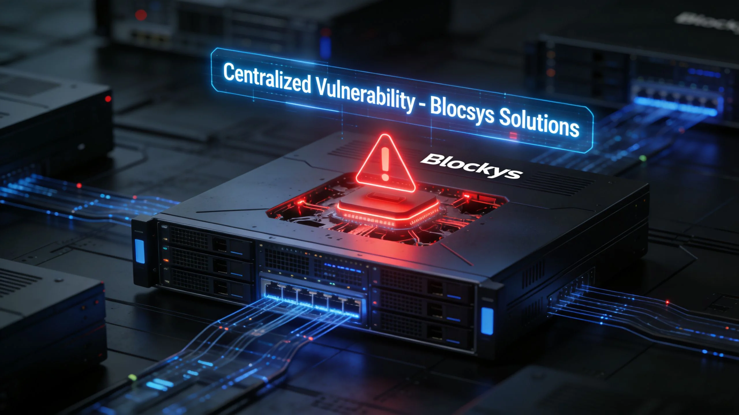 A server unit representing centralized vulnerability with a warning symbol glowing red on a technical hardware background.
