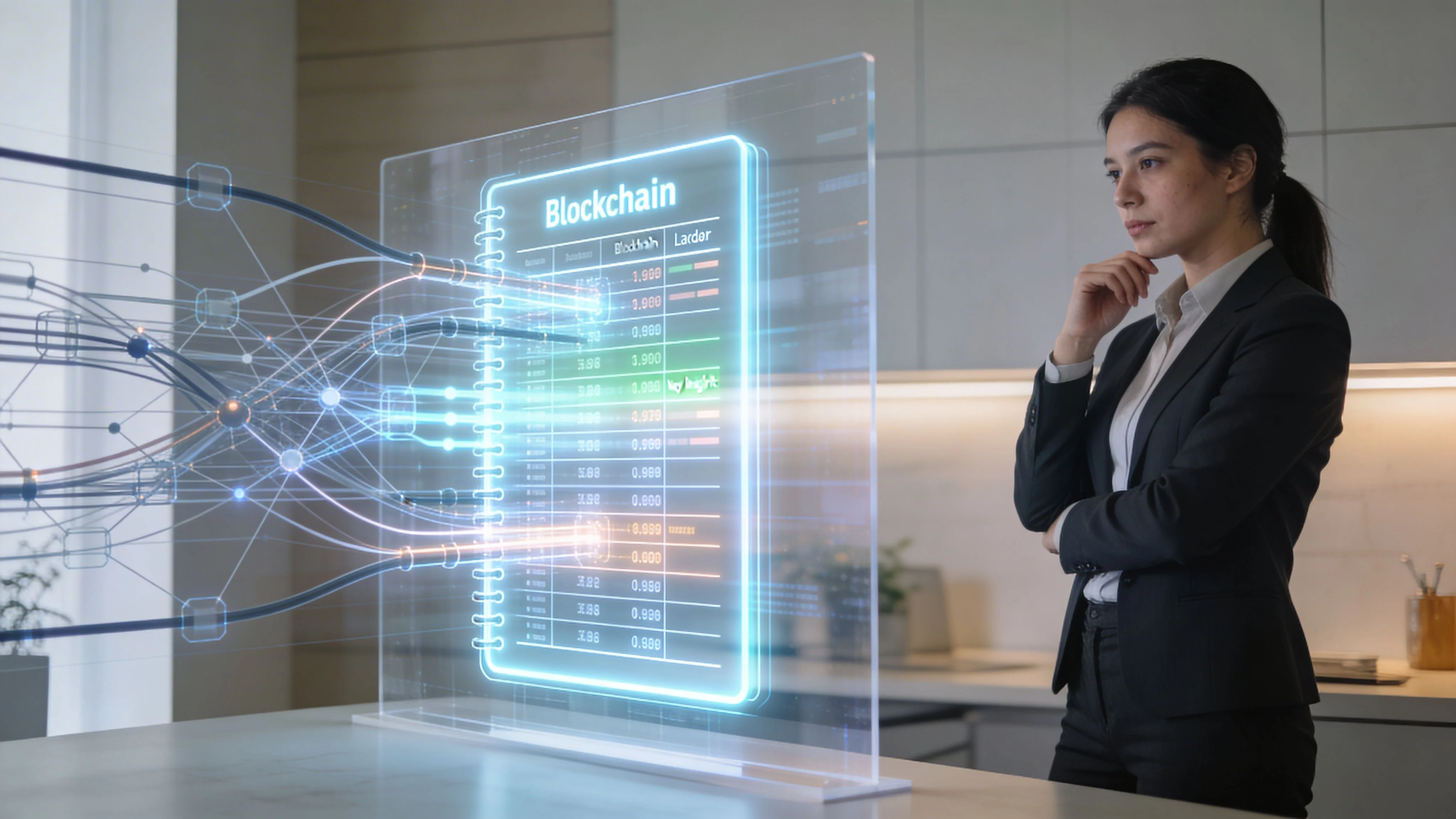 A businesswoman analyzing complex blockchain data displayed on a transparent holographic interface in a modern office setting.