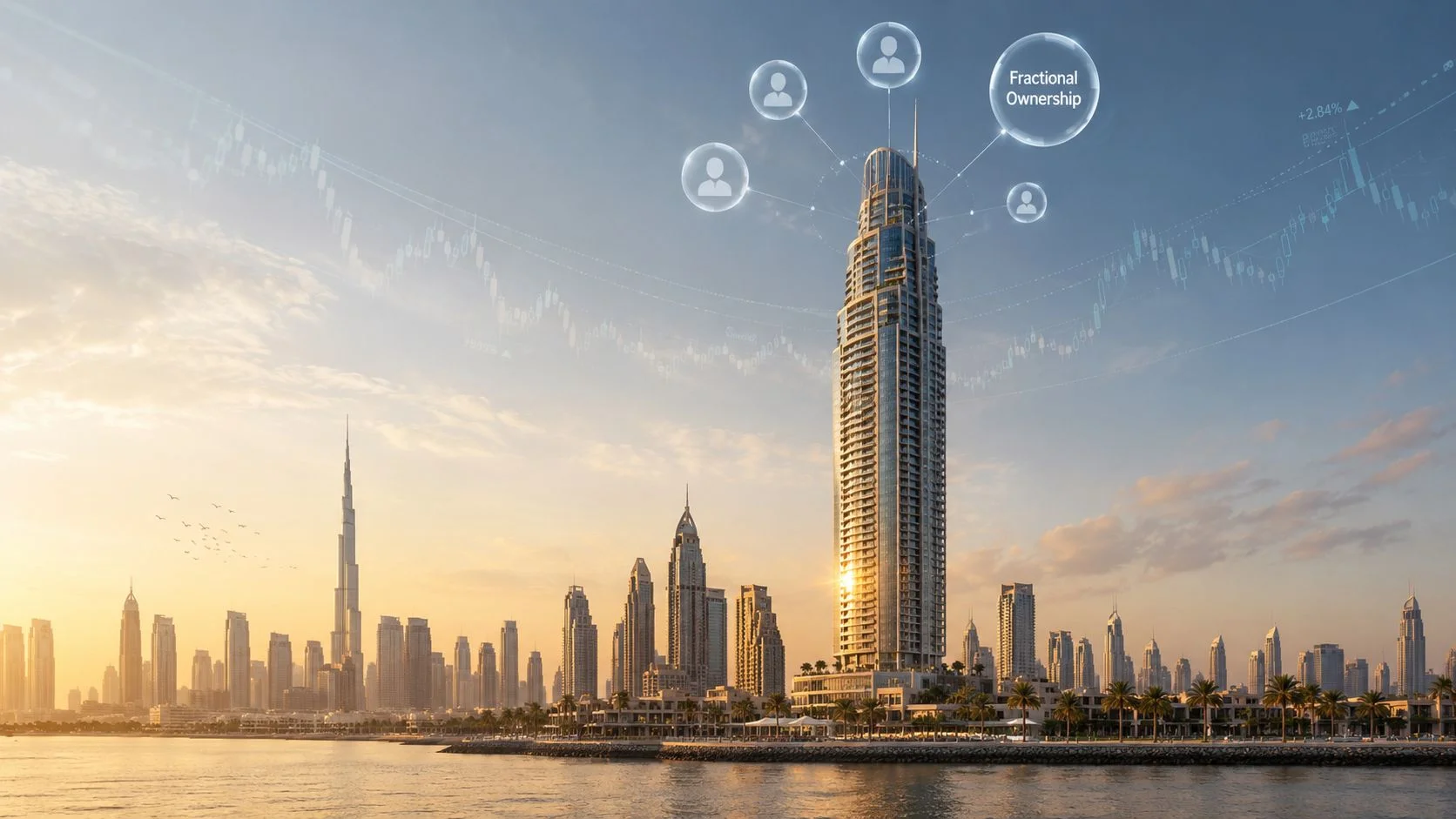 A modern Dubai skyline at sunset featuring a tall skyscraper linked to digital fractional ownership icons.