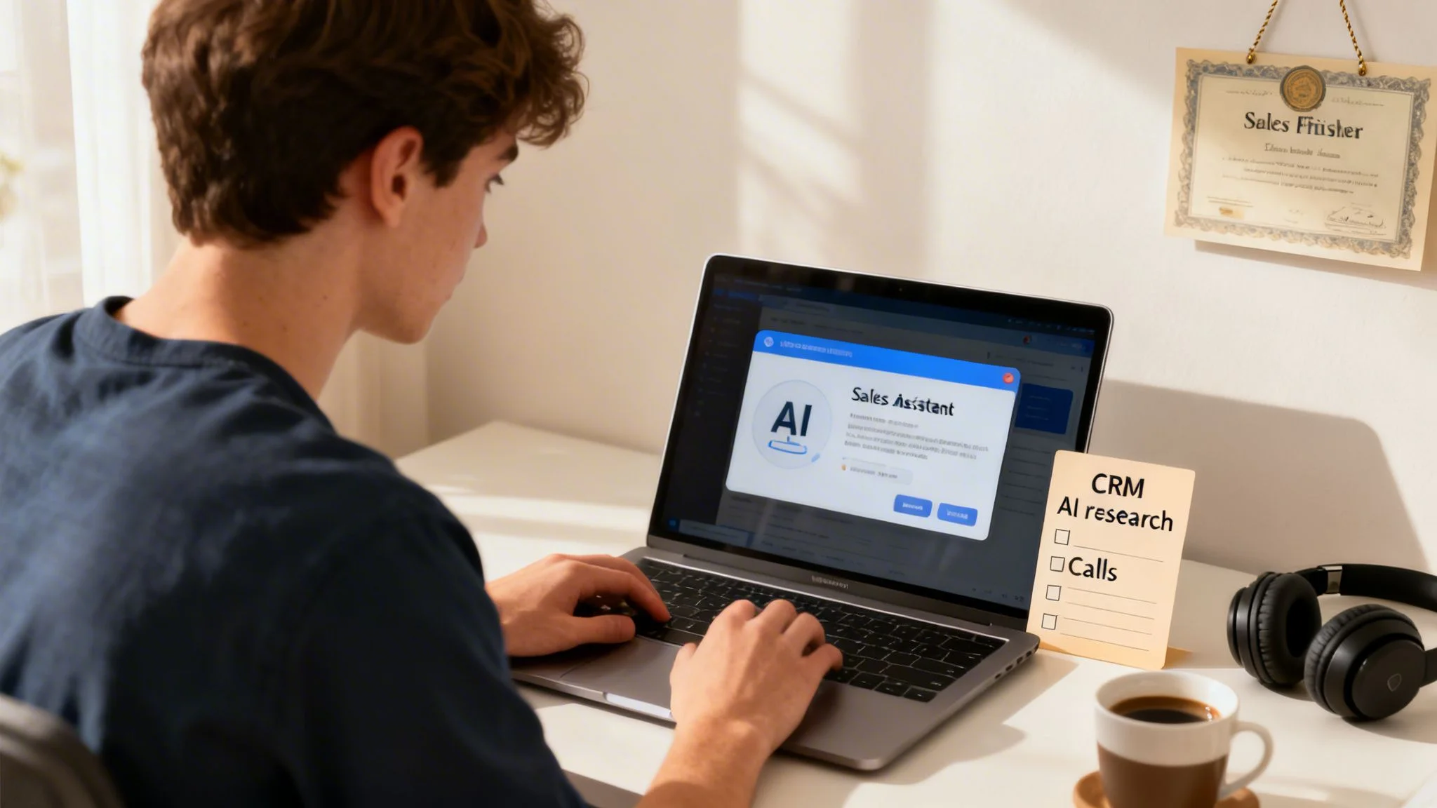 A person working on a laptop displays an AI sales assistant, with a checklist and coffee nearby.