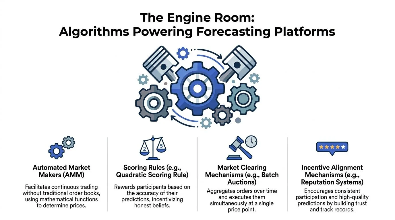An infographic titled The Engine Room explaining four key algorithms used in modern forecasting platforms.
