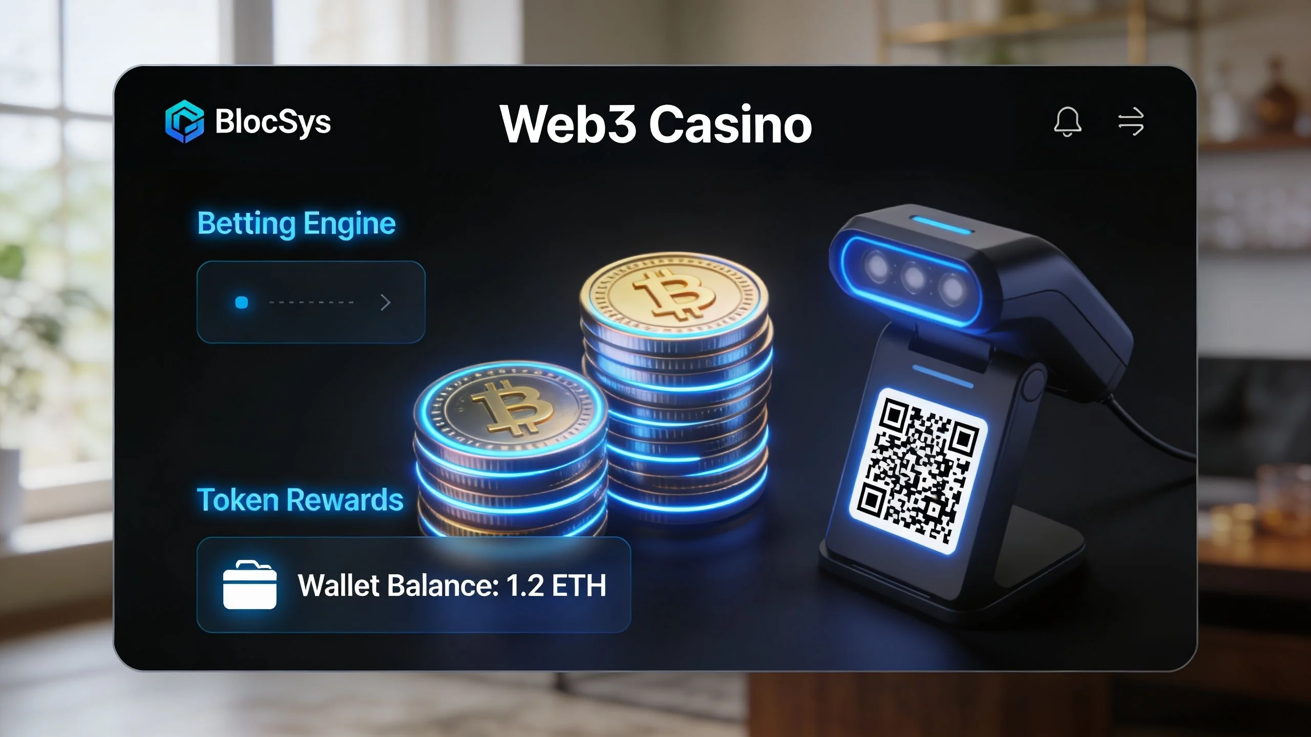 A digital interface for a Web3 casino featuring Bitcoin stacks, a QR code scanner, and cryptocurrency wallet balance.