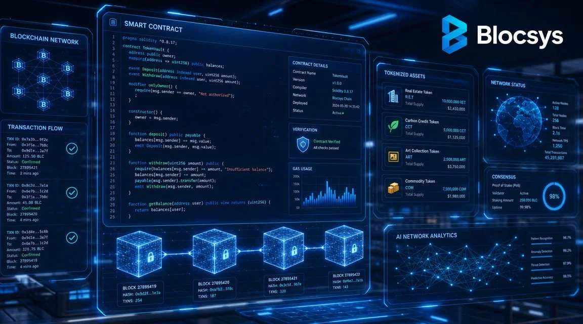 A futuristic digital dashboard displaying smart contract code, transaction flows, and blockchain network analytics for Blocsys.