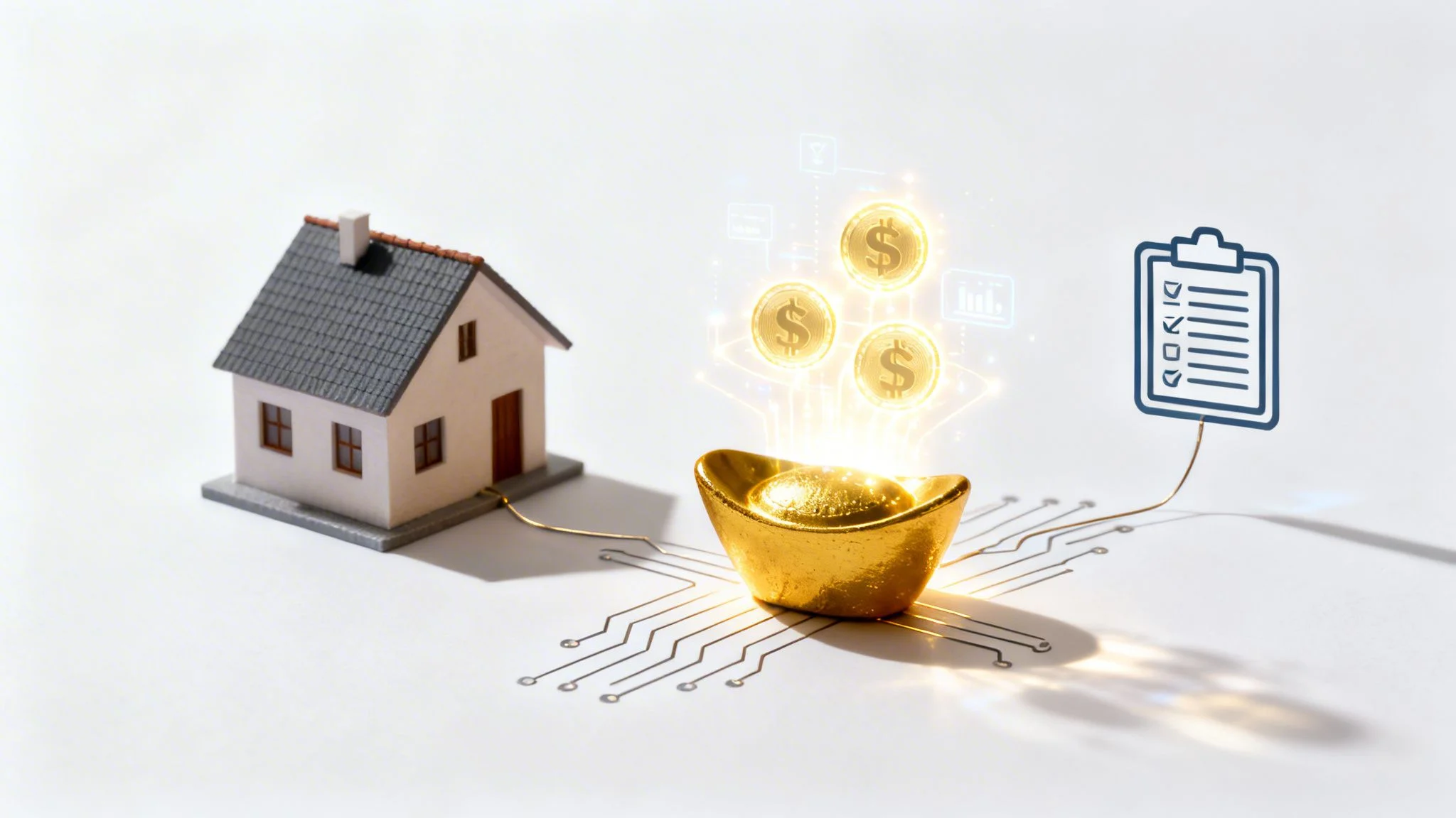 Digital finance for real estate, showing a house connected to a glowing golden ingot and a contract.