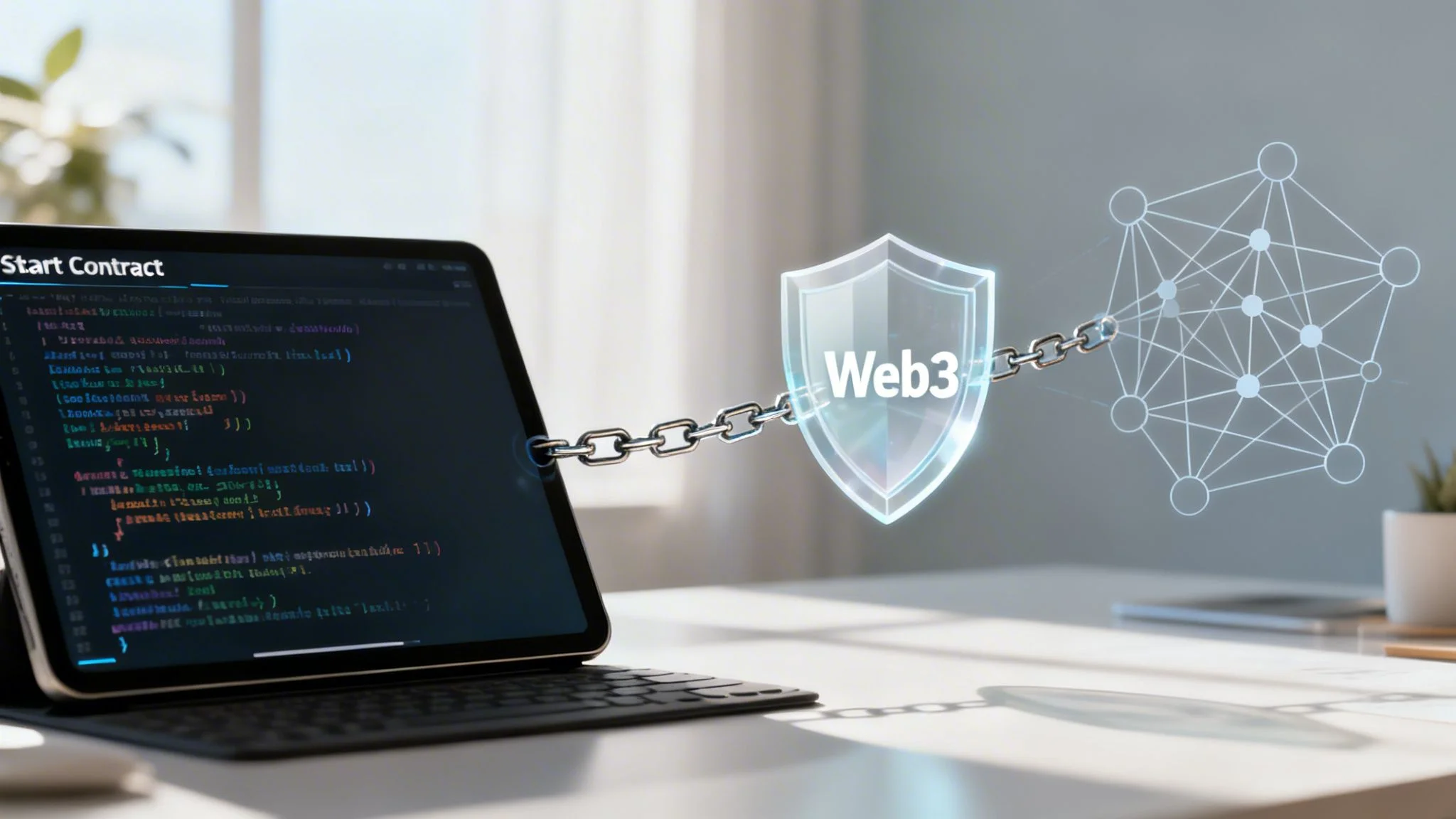 Digital chain links smart contract code on a tablet to a Web3 security shield and blockchain network.