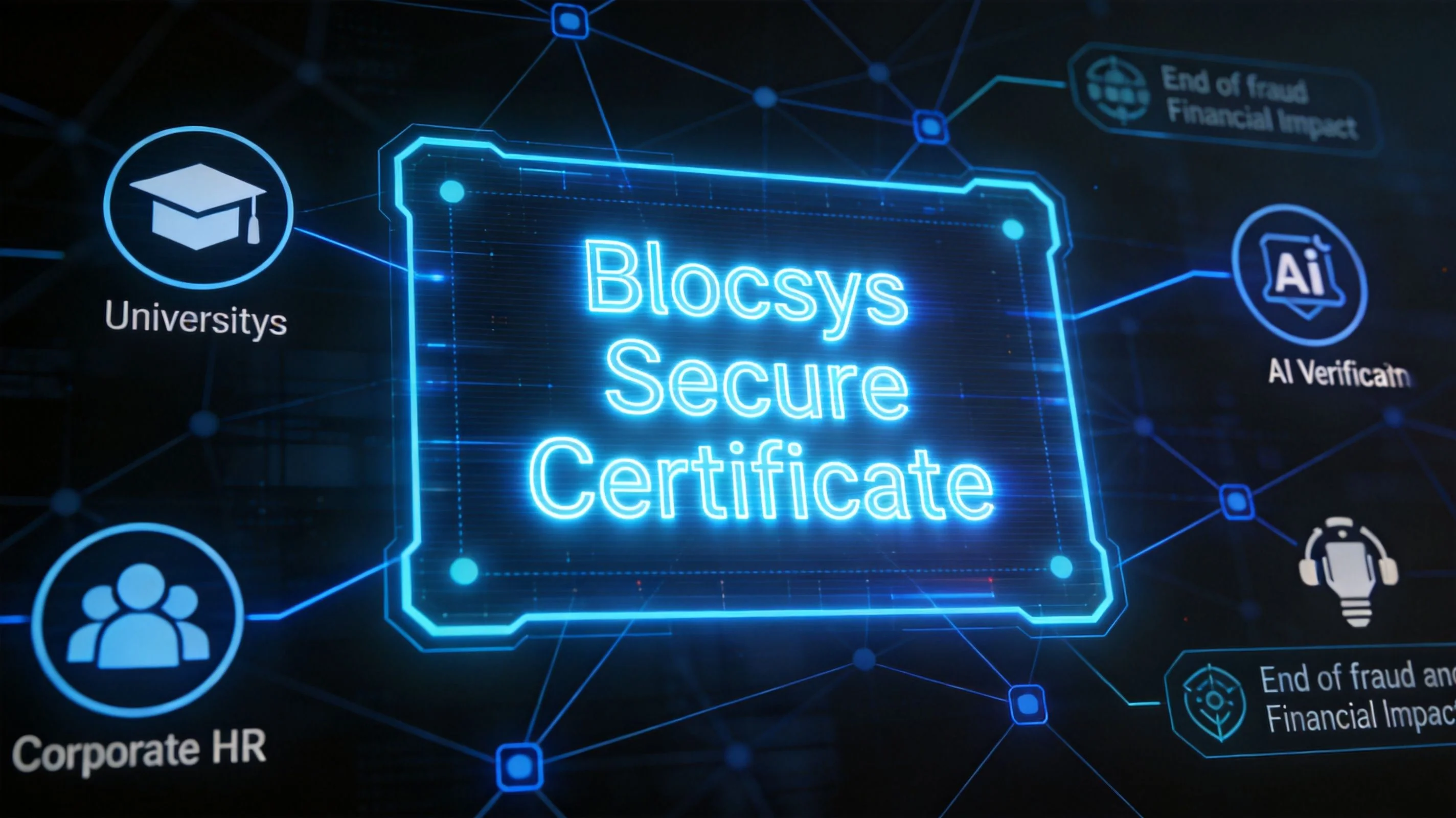 A digital interface showcasing Blocsys Secure Certificate technology for academic and corporate identity verification processes.