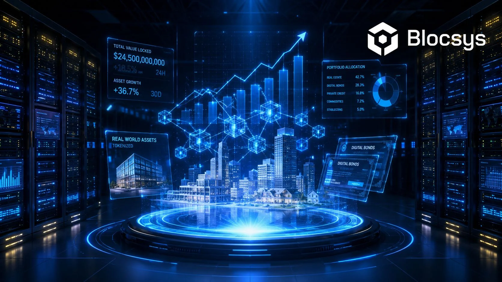 A digital visualization of a futuristic smart city and financial data floating within a high-tech data server room.