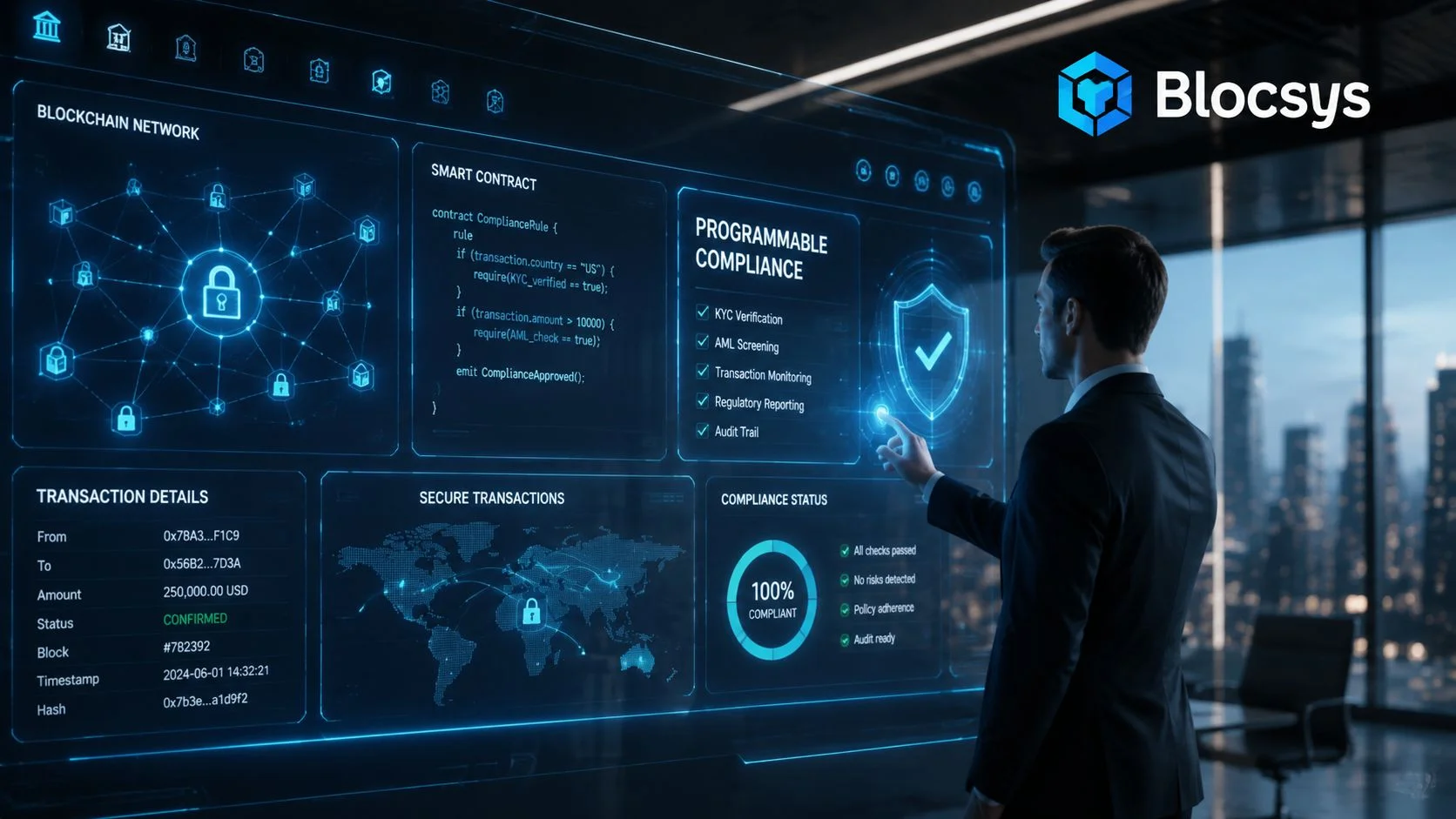 A professional man interacting with a futuristic digital interface showing blockchain network and compliance data dashboard.