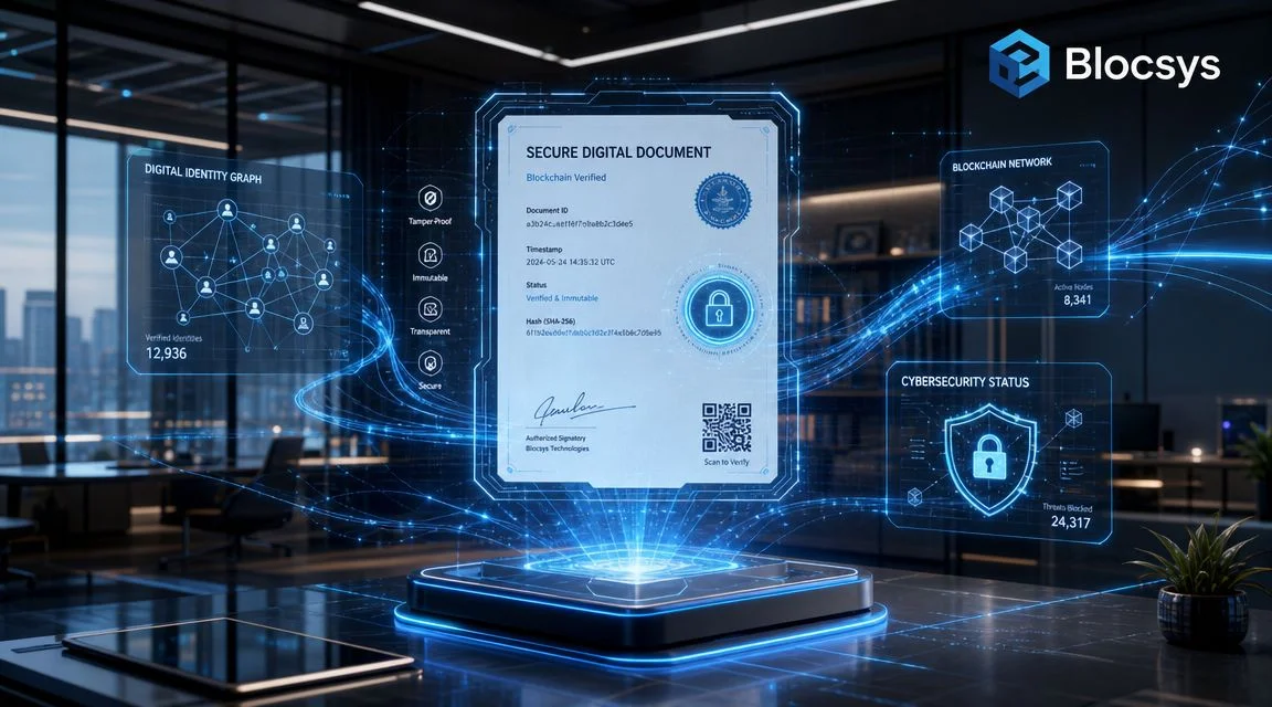 A digital representation of a secure blockchain-verified document floating above a glowing platform in an office.