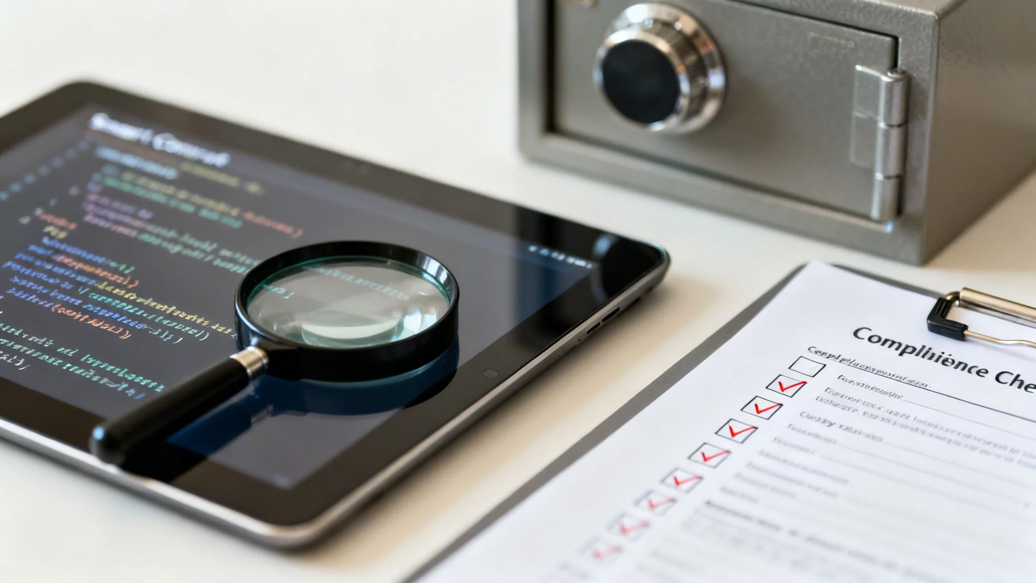A magnifying glass on a tablet displaying code, next to a compliance checklist and a small safe, symbolizing a security audit.