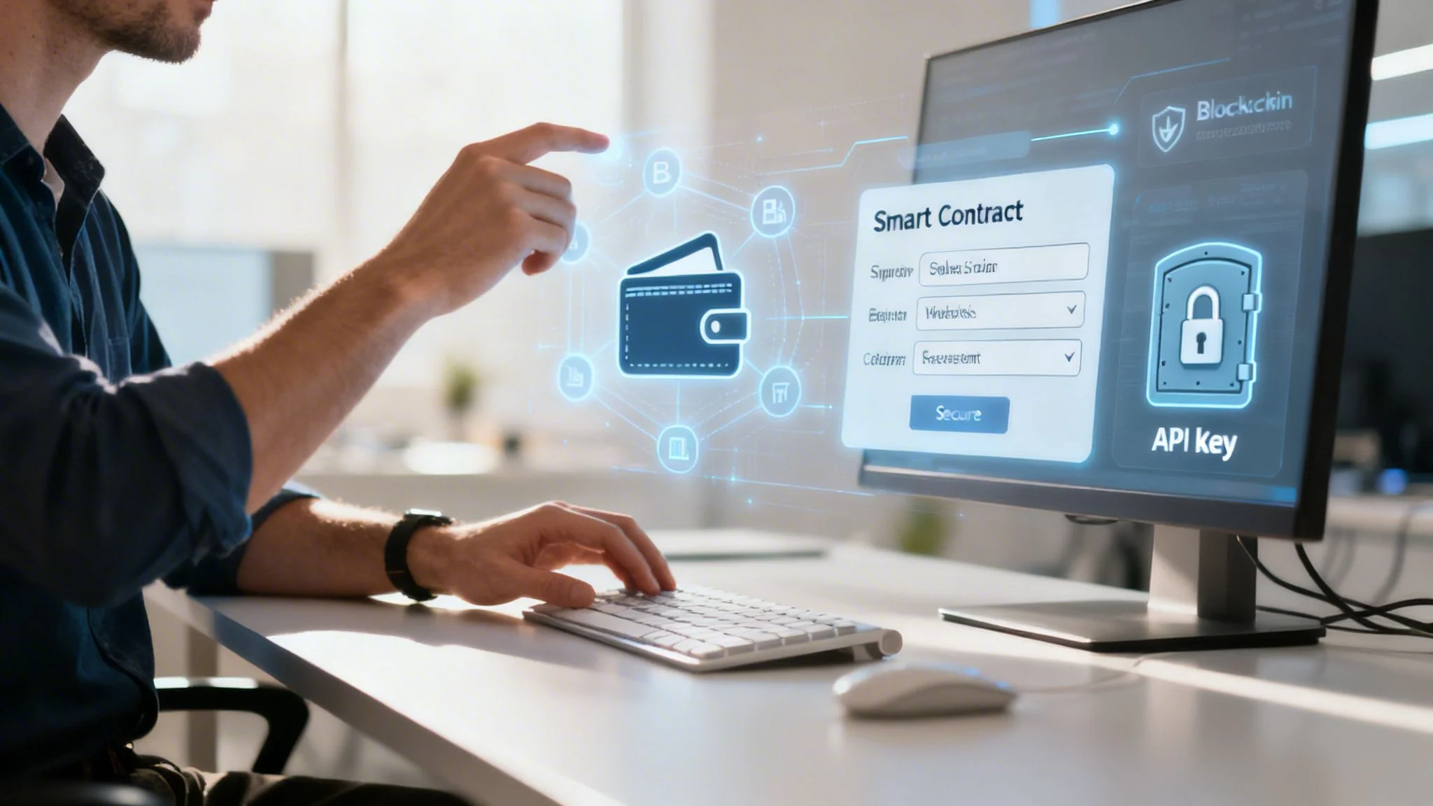 Man interacts with a digital smart contract and crypto wallet interface on a monitor.