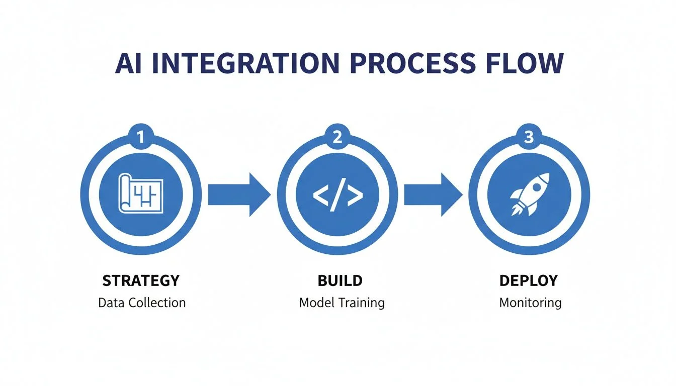 A diagram illustrating the three-step AI integration process flow: Strategy, Build, and Deploy.
