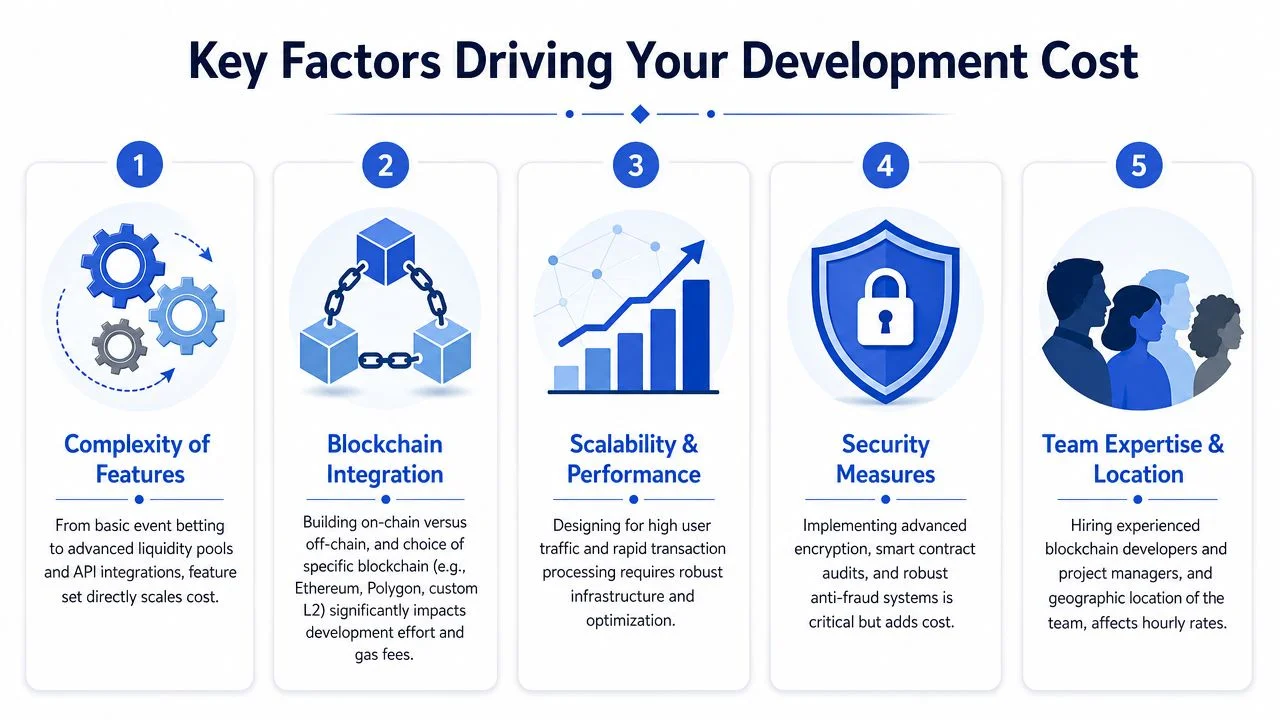 An infographic detailing five key factors that influence the total development cost of a blockchain platform.