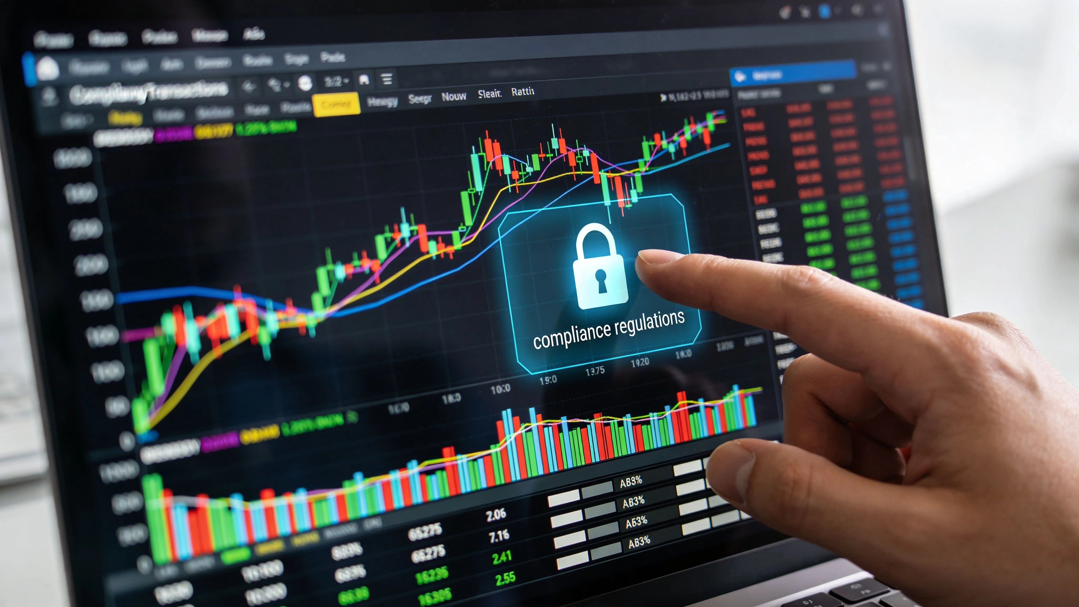 A person touching a laptop screen displaying stock market charts with a digital security padlock icon.