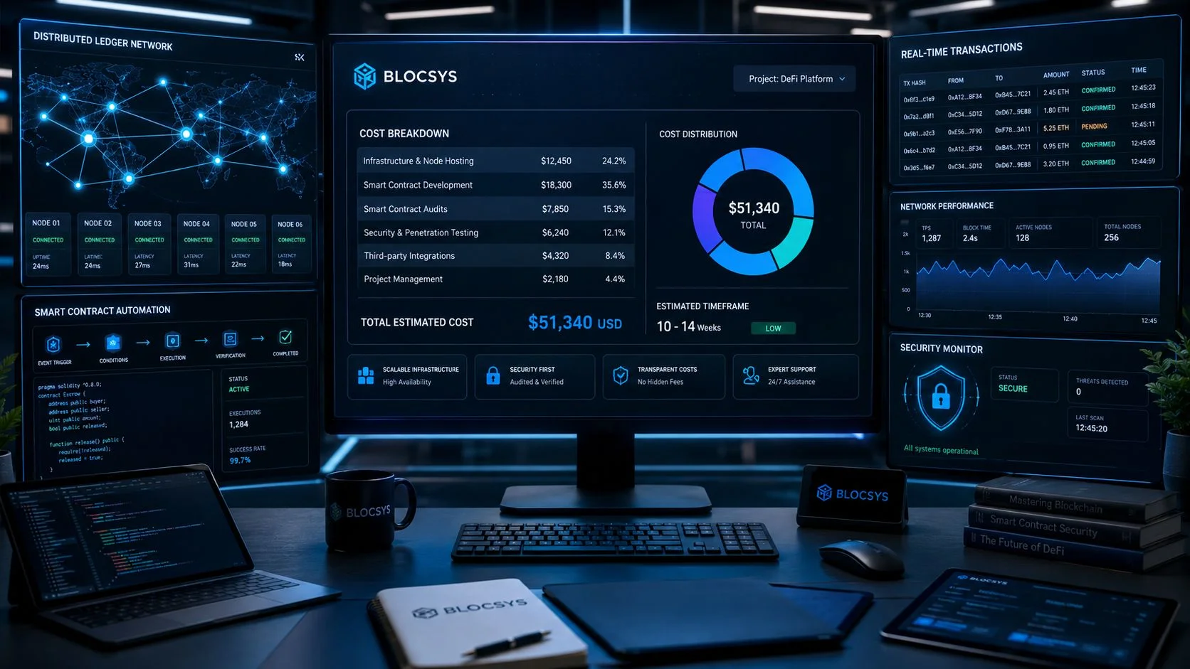A professional digital dashboard displaying blockchain project development costs, network performance, and real-time transaction monitoring metrics.
