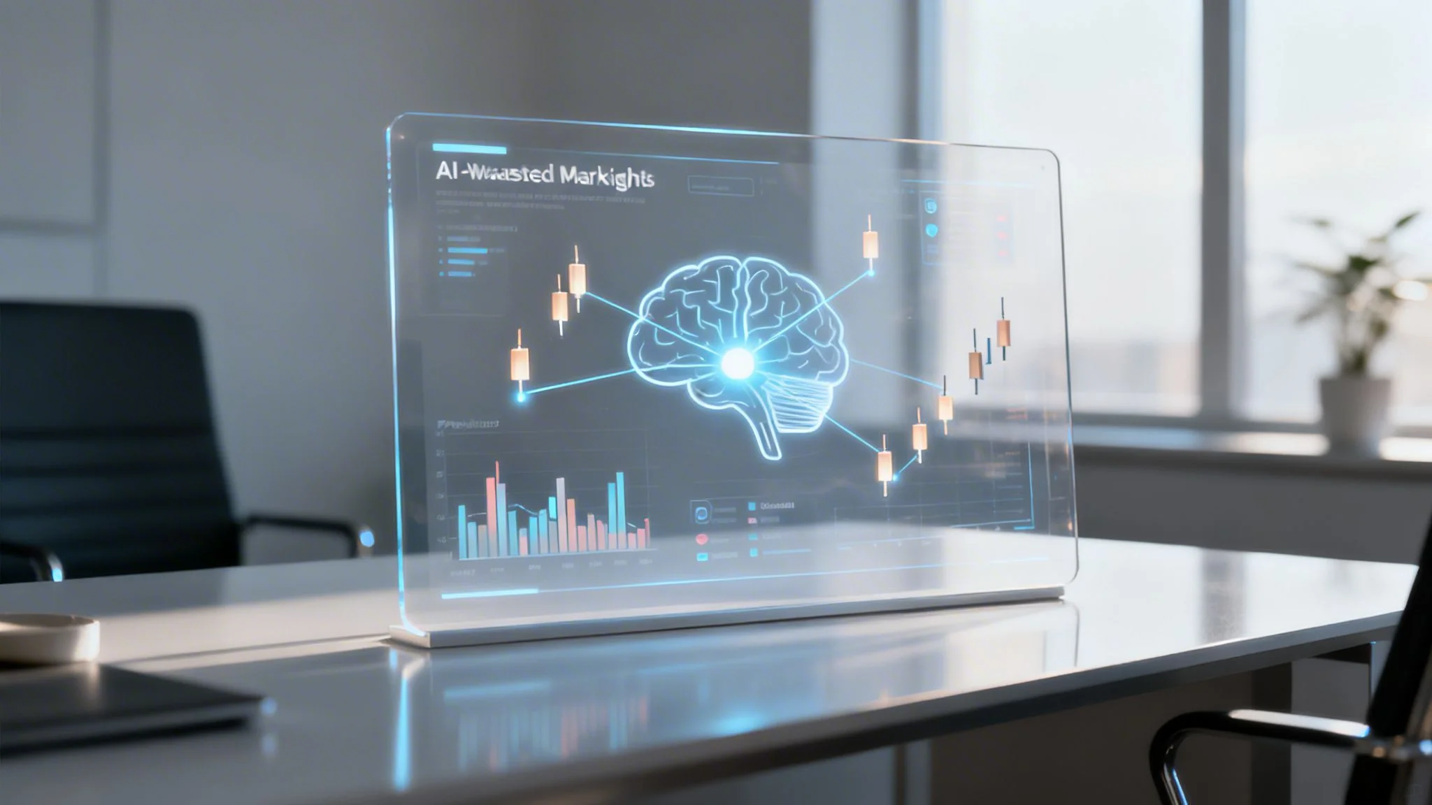 A futuristic transparent display shows AI-powered market insights with a glowing brain graphic.