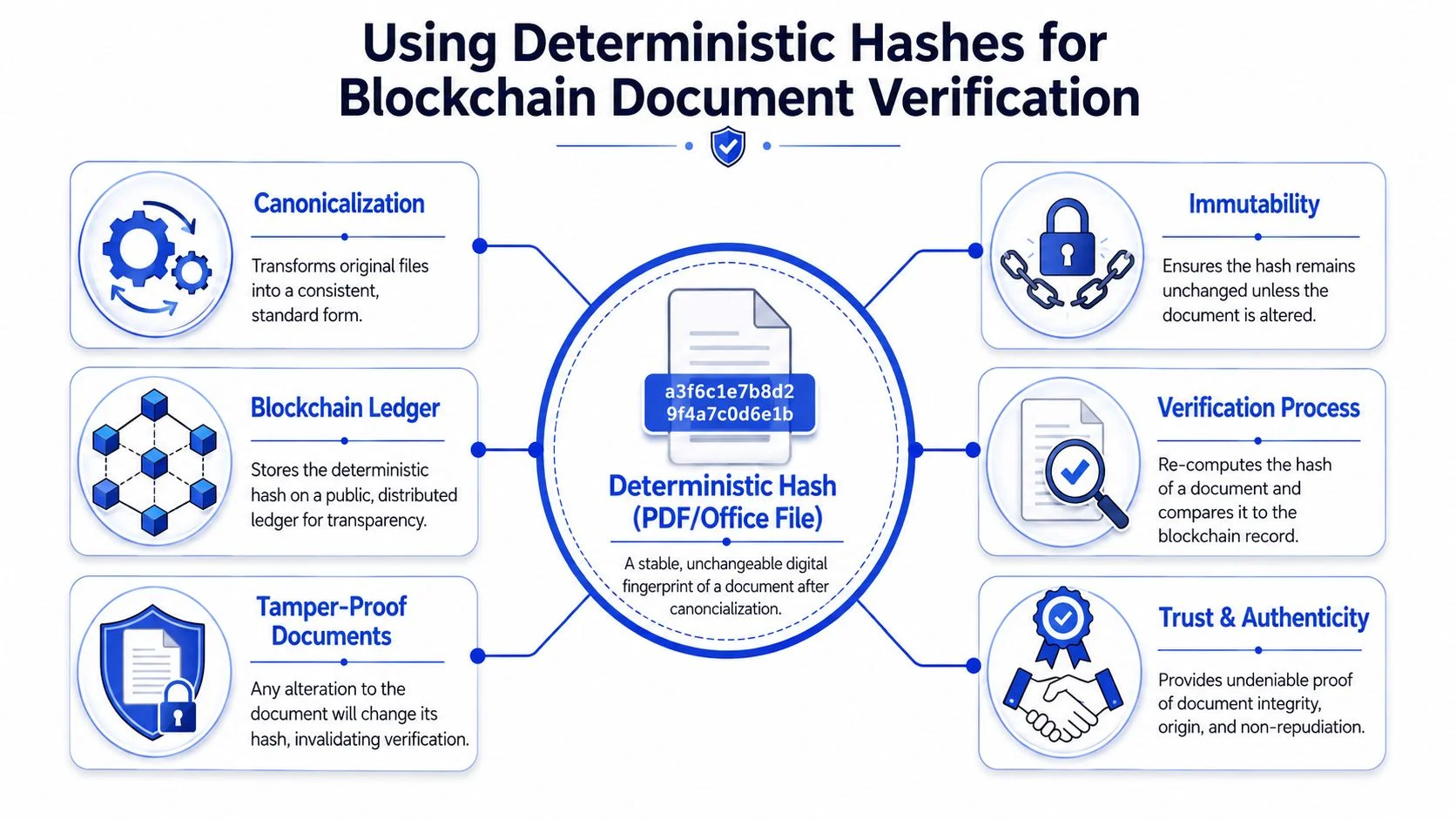 A diagram illustrating how deterministic hashes are used for blockchain-based document verification for PDFs and office files.