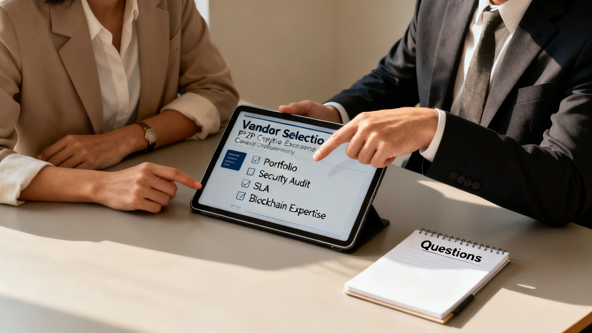 Two professionals review vendor selection criteria on a tablet, discussing portfolio, security, and blockchain expertise.