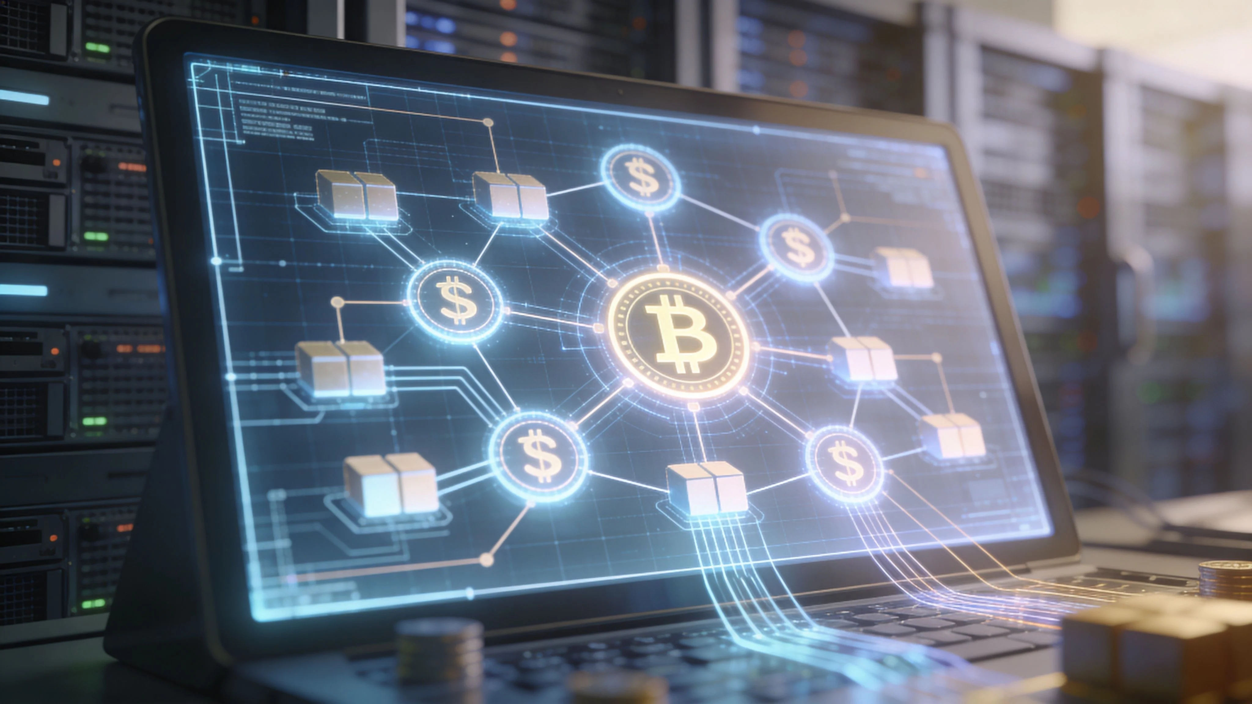 A digital screen displays a Bitcoin cryptocurrency network graphic inside a professional server room data center.
