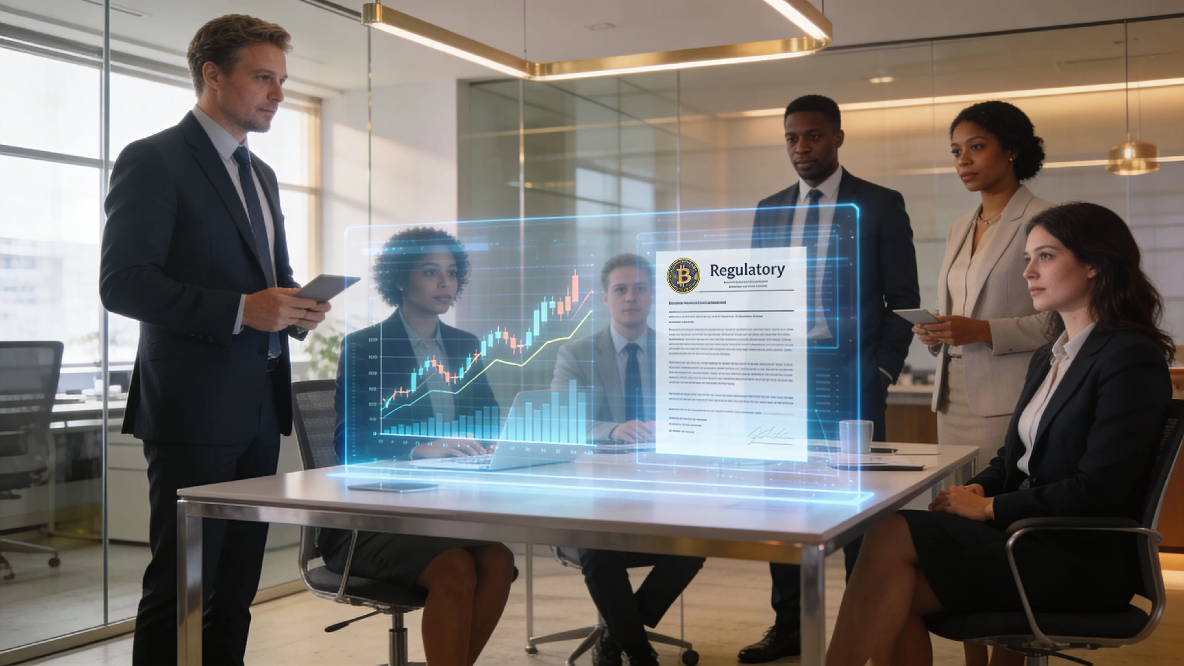 A professional team in a meeting room reviewing crypto financial data and regulatory documents on a digital display.
