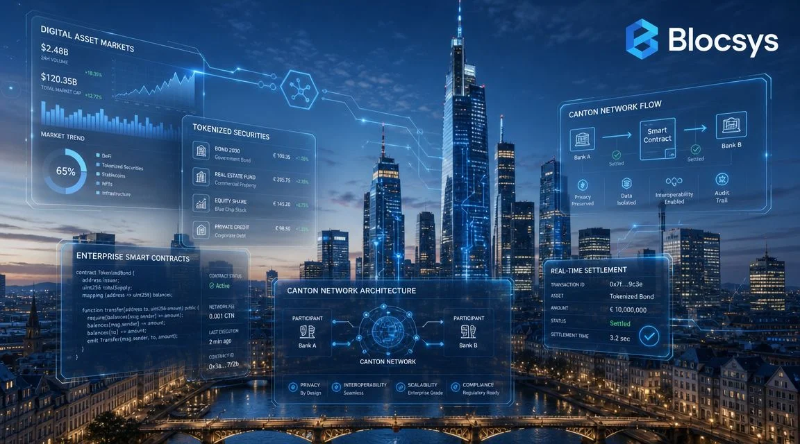 A digital interface displaying blockchain network analytics and financial data over a cityscape at sunset.