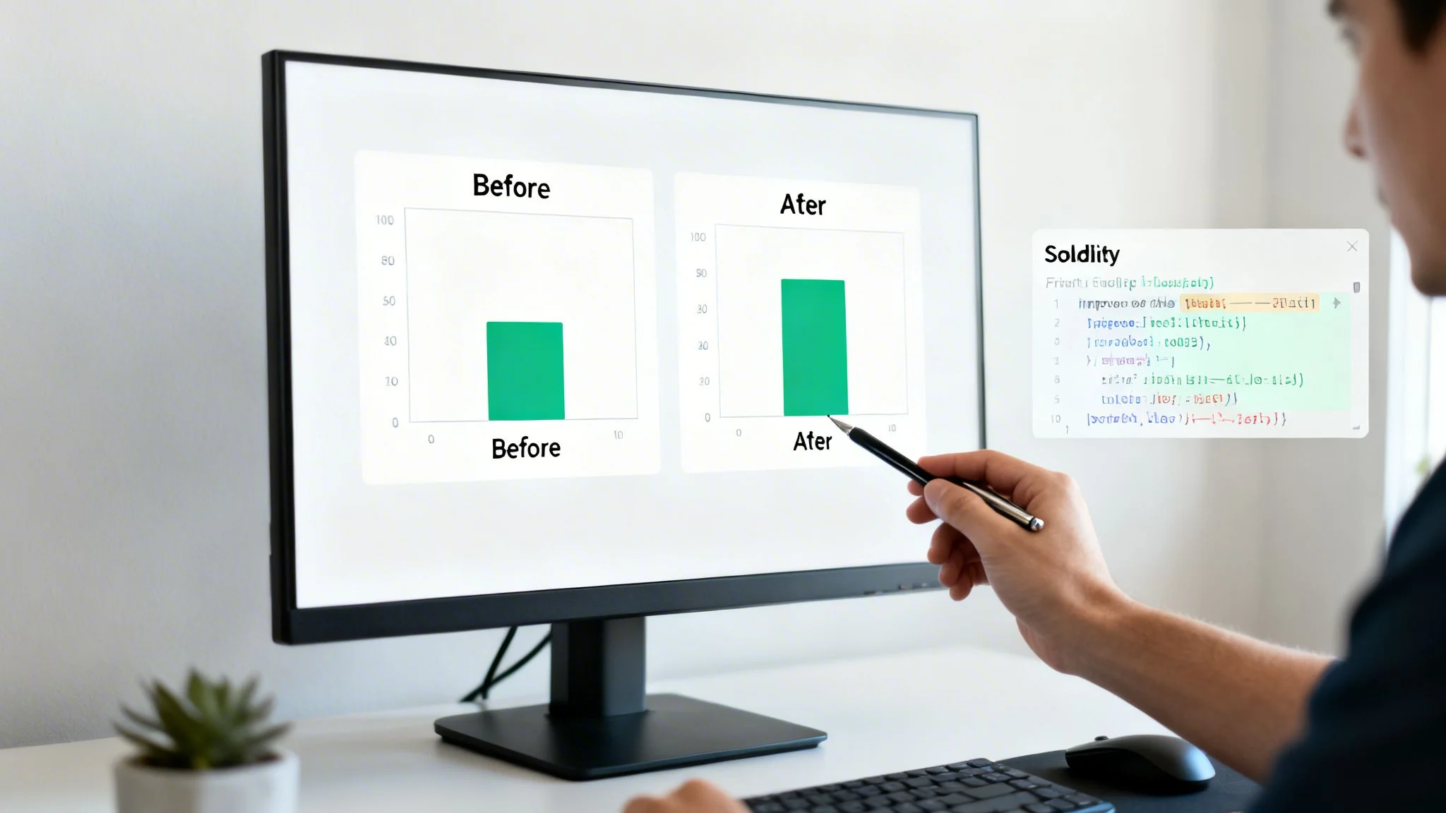 A person points at a computer screen showing 'Before' and 'After' charts and Solidity smart contract code.