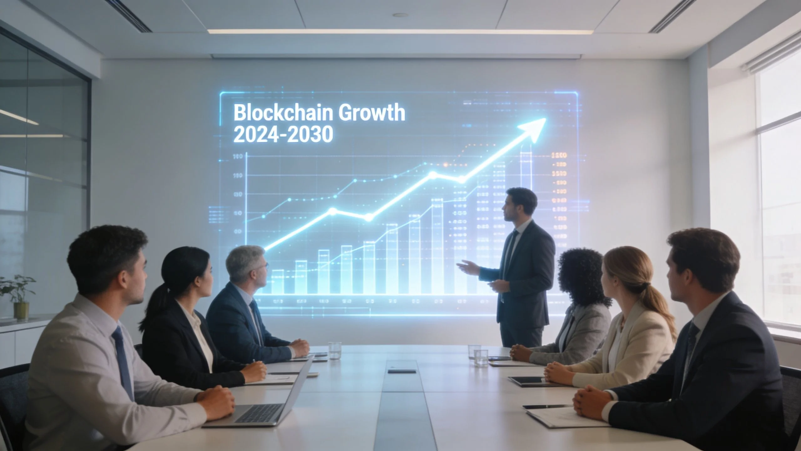 A professional business team listening to a presenter discussing blockchain growth trends in a modern office meeting room.