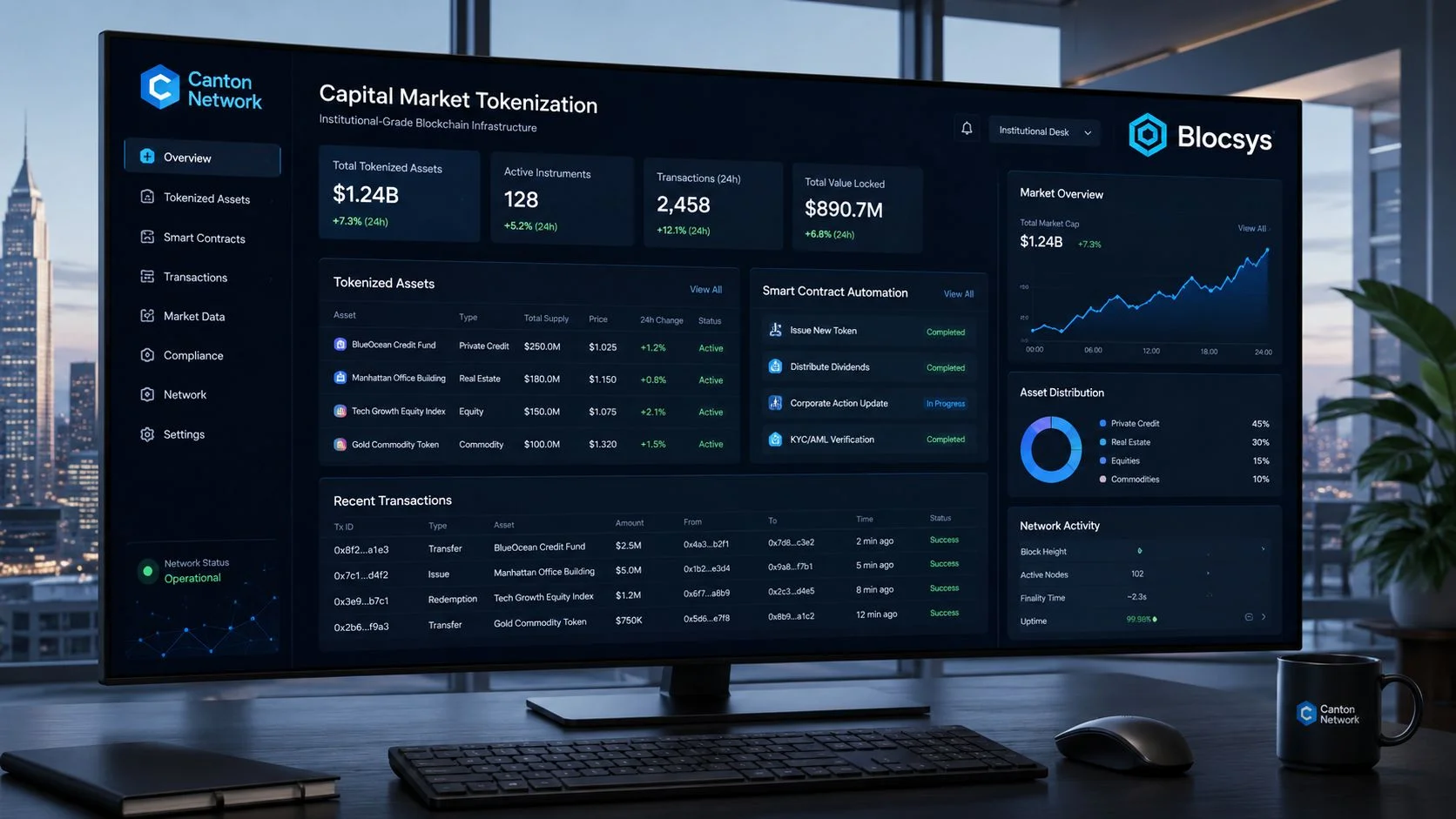 A computer monitor displaying a Canton Network dashboard for institutional-grade blockchain asset tokenization and real-time market data.