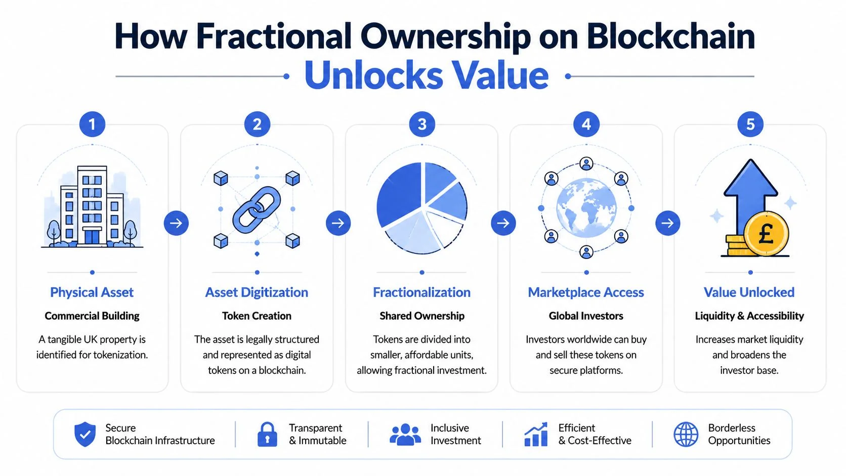 A five-step infographic explaining how fractional ownership of UK real estate assets works via blockchain technology.