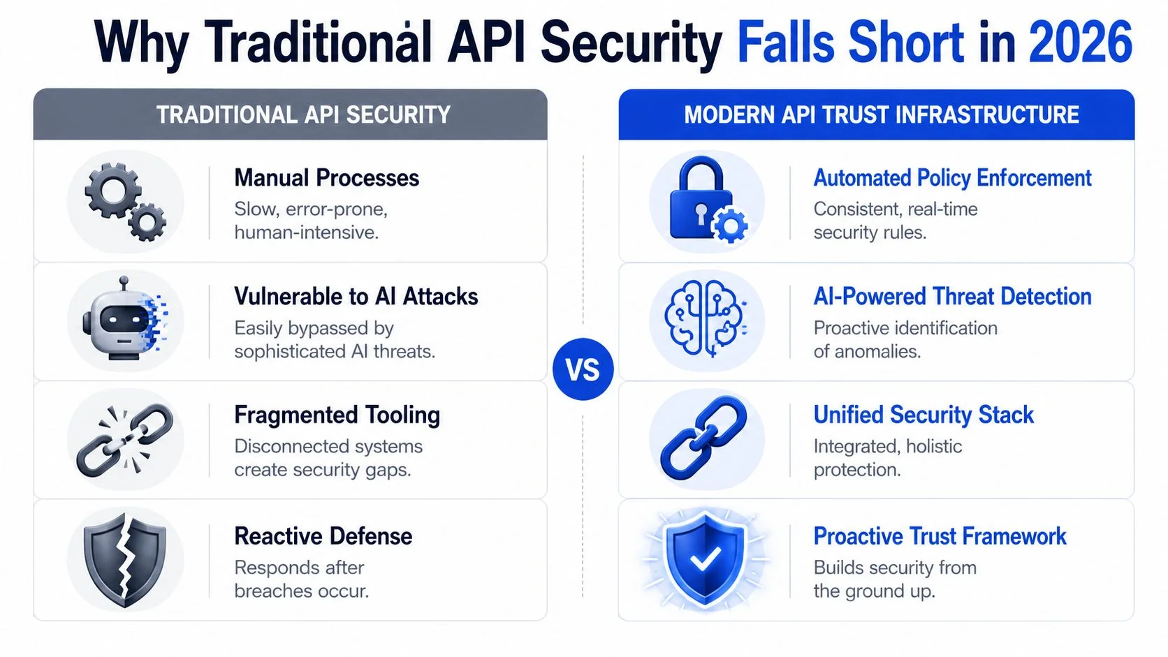 A comparison chart showing traditional API security weaknesses versus modern API trust infrastructure benefits for 2026.