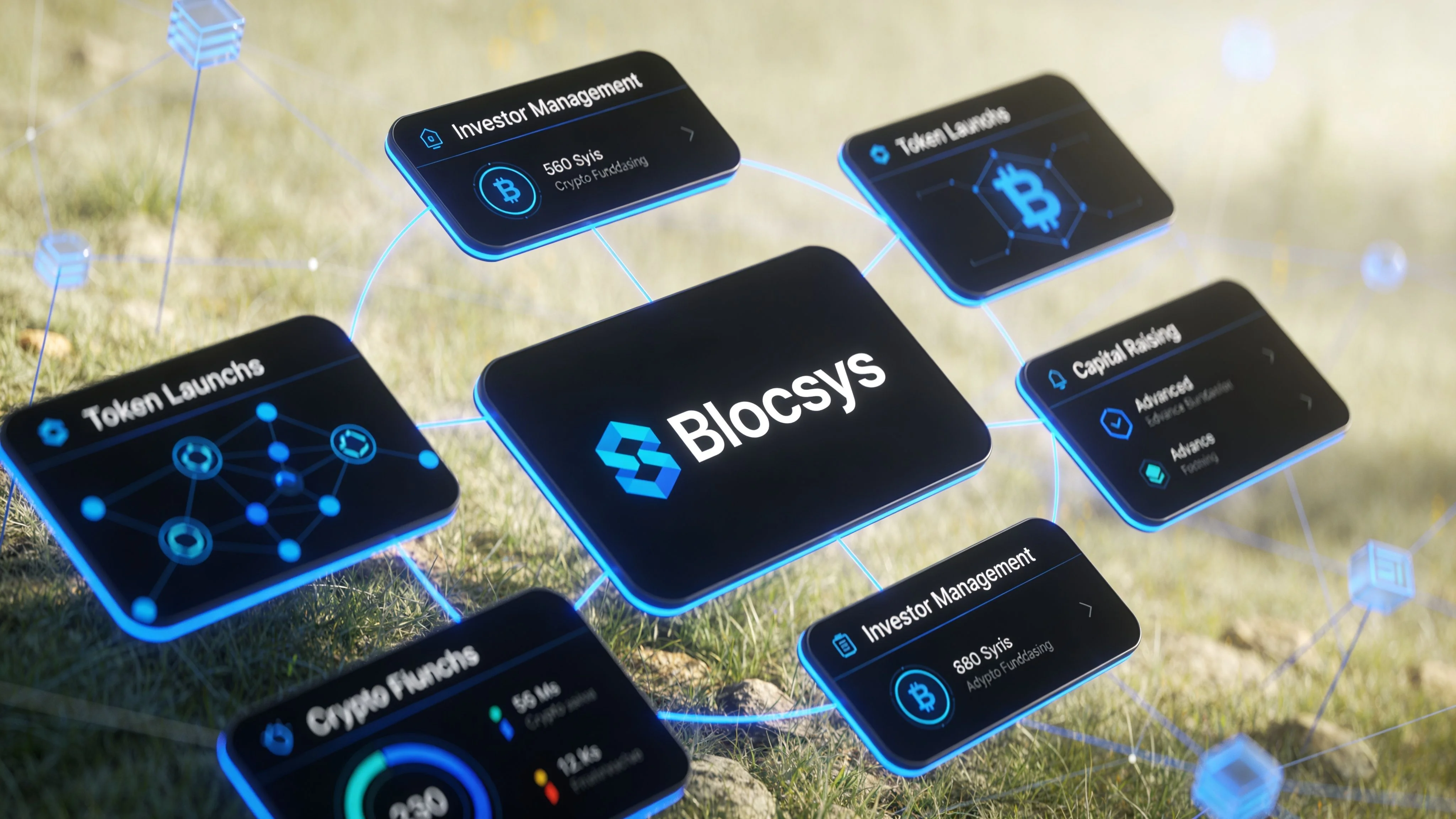 A 3D visualization showing Blocsys platform connected to various crypto fundraising and investor management dashboard interfaces.