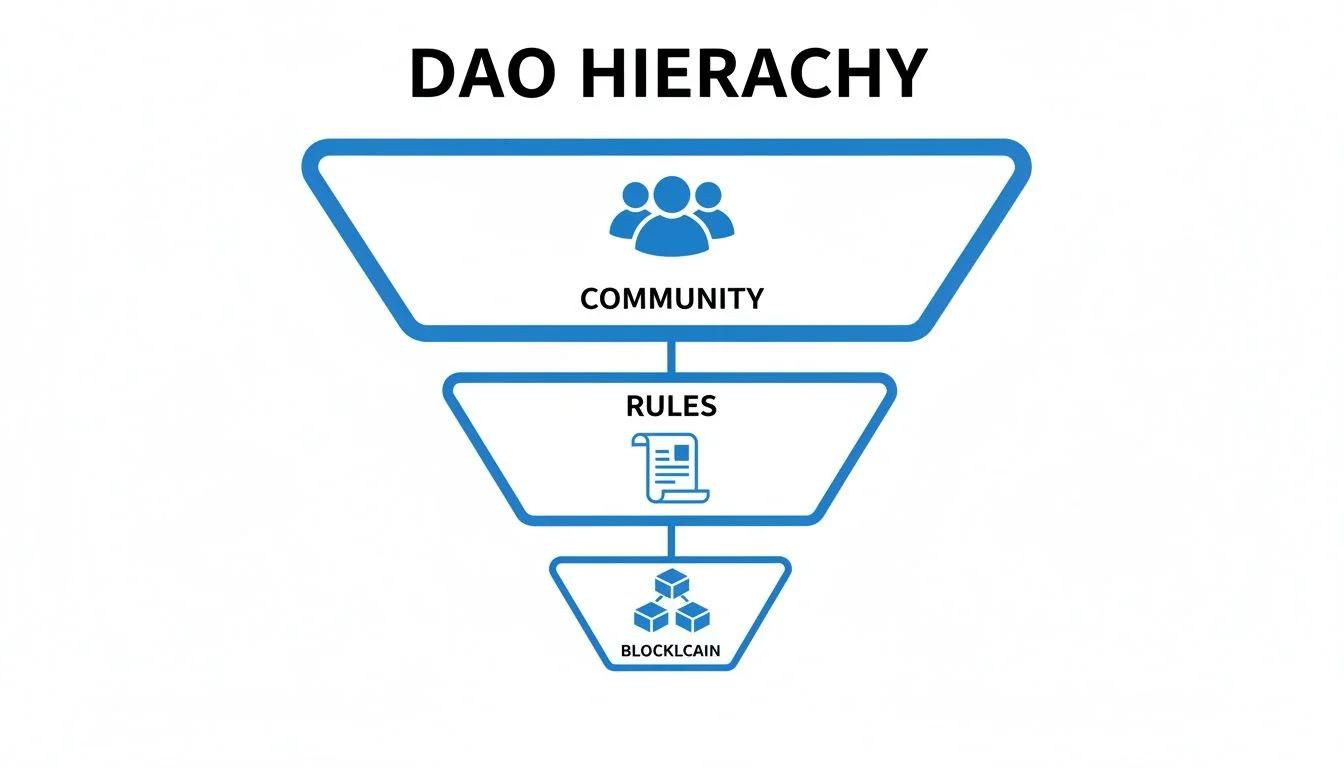 A blue funnel diagram illustrating the DAO hierarchy: Community, Rules, and Blockchain.