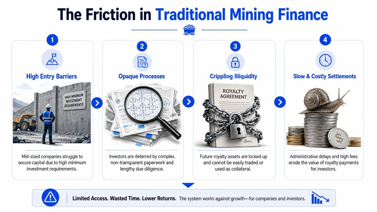 An infographic showing four major friction points in traditional mining finance including high barriers, opaque processes, illiquidity, and costly settlements.
