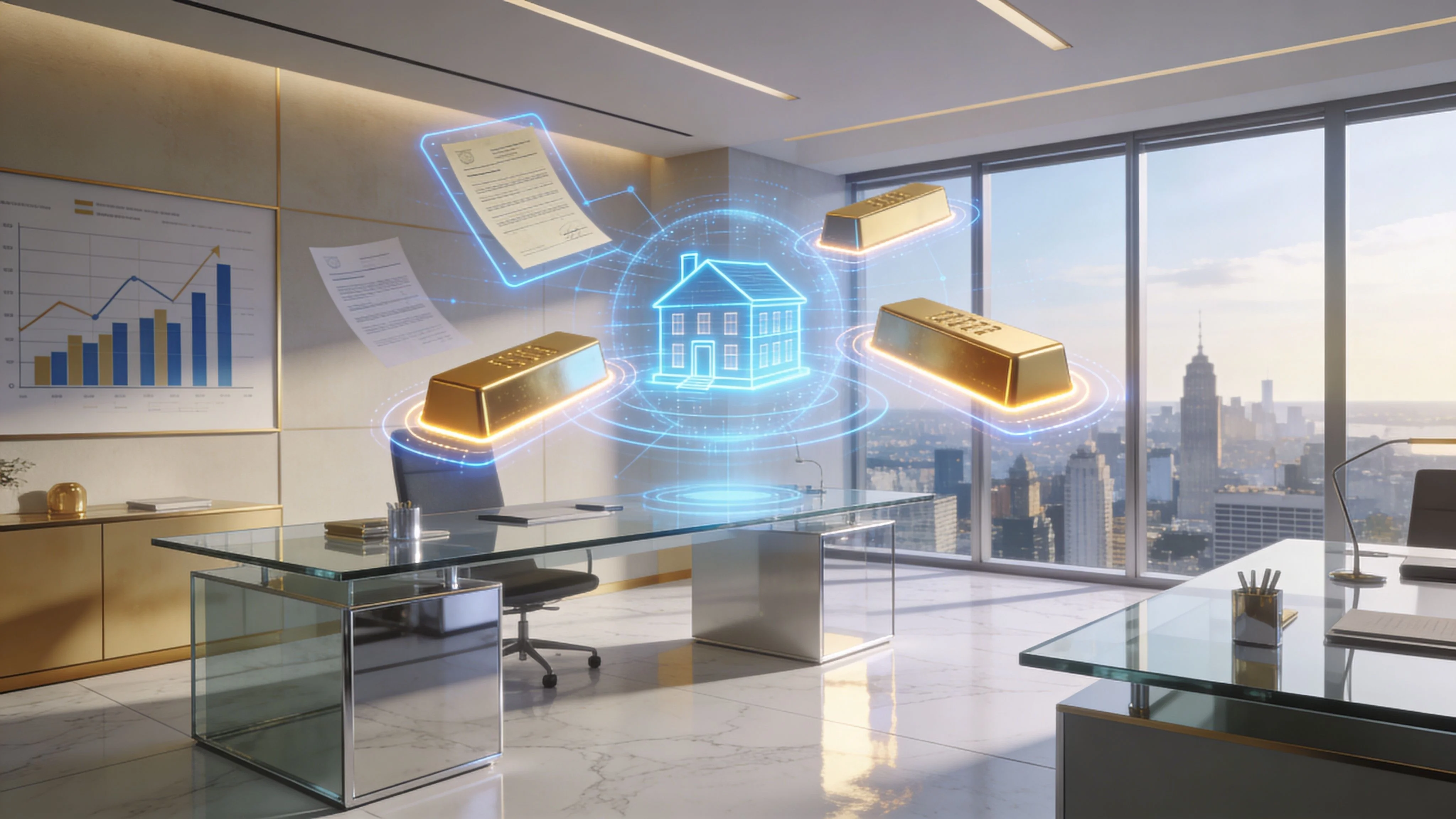 A luxurious office with a holographic projection of a house, gold bars, and legal documents floating.