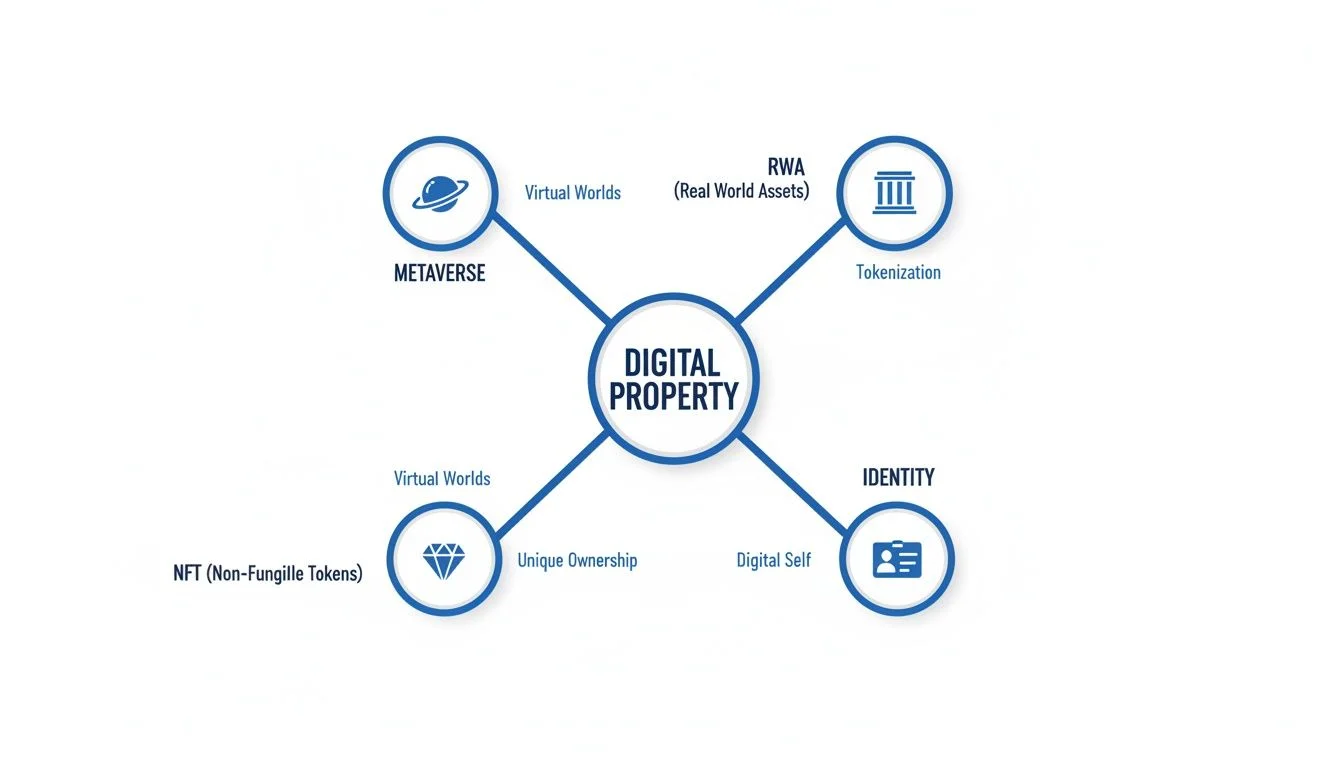Diagram illustrating digital property concepts, including Metaverse, Real World Assets, NFTs, and Identity.