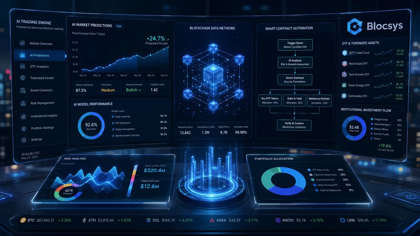 A futuristic digital dashboard displaying AI-powered market predictions, blockchain data networks, and real-time asset management analytics.