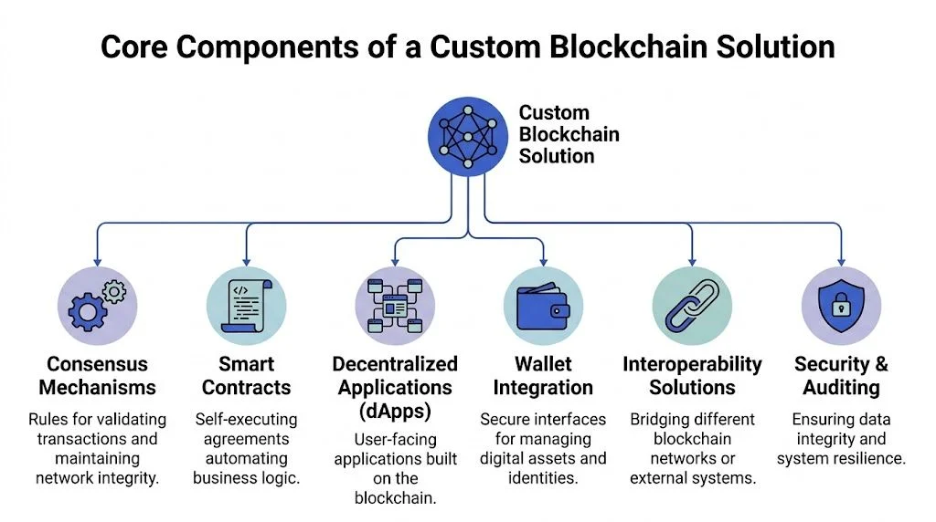 A diagram outlining the six core components of a custom blockchain solution including mechanisms, contracts, and security.