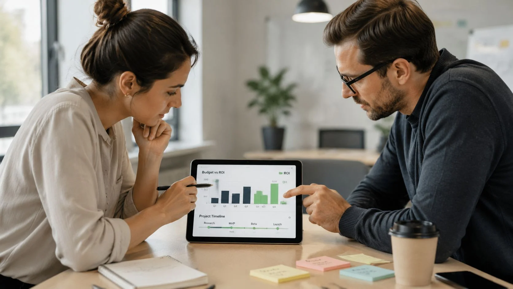 A professional man and woman collaborating on software project budget and timeline planning using a digital tablet.