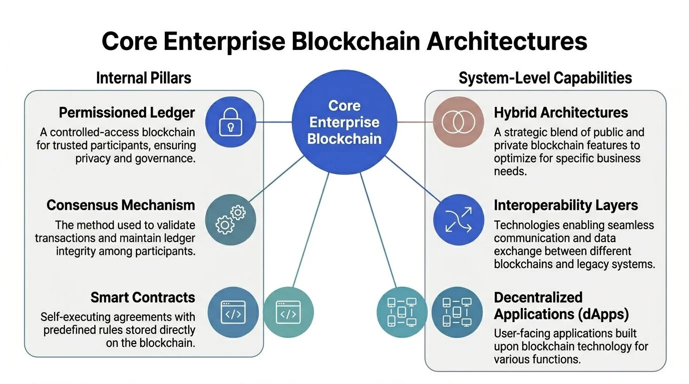 A diagram illustrating the core components and capabilities of enterprise blockchain architecture including pillars and system-level features.