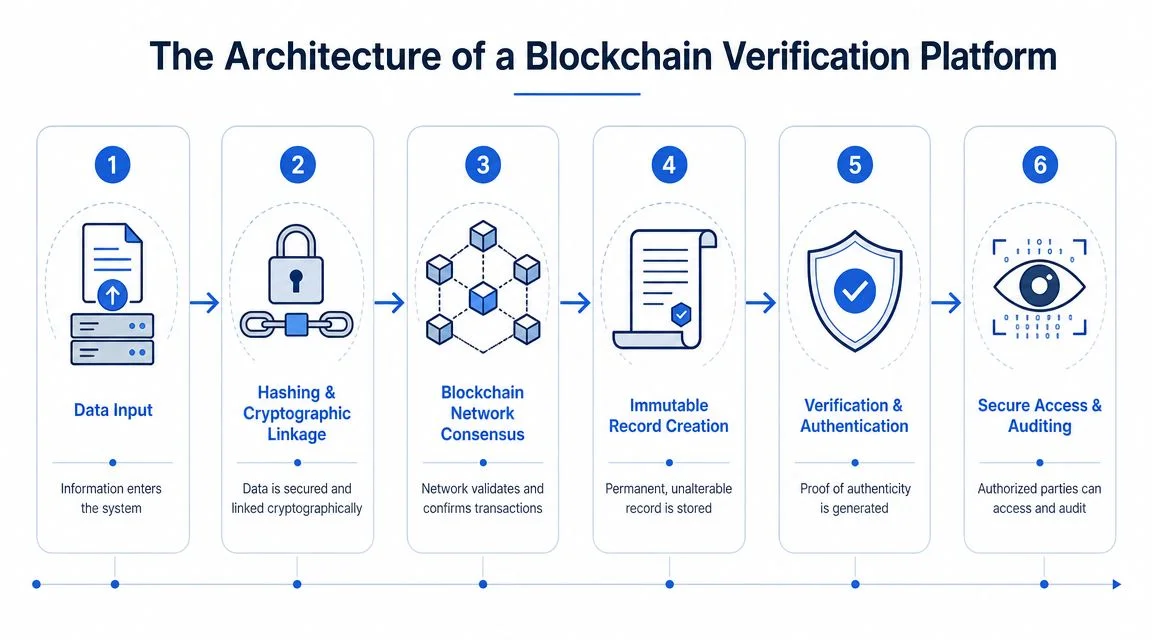 A six-step diagram illustrating the process and architecture of a blockchain verification platform workflow.