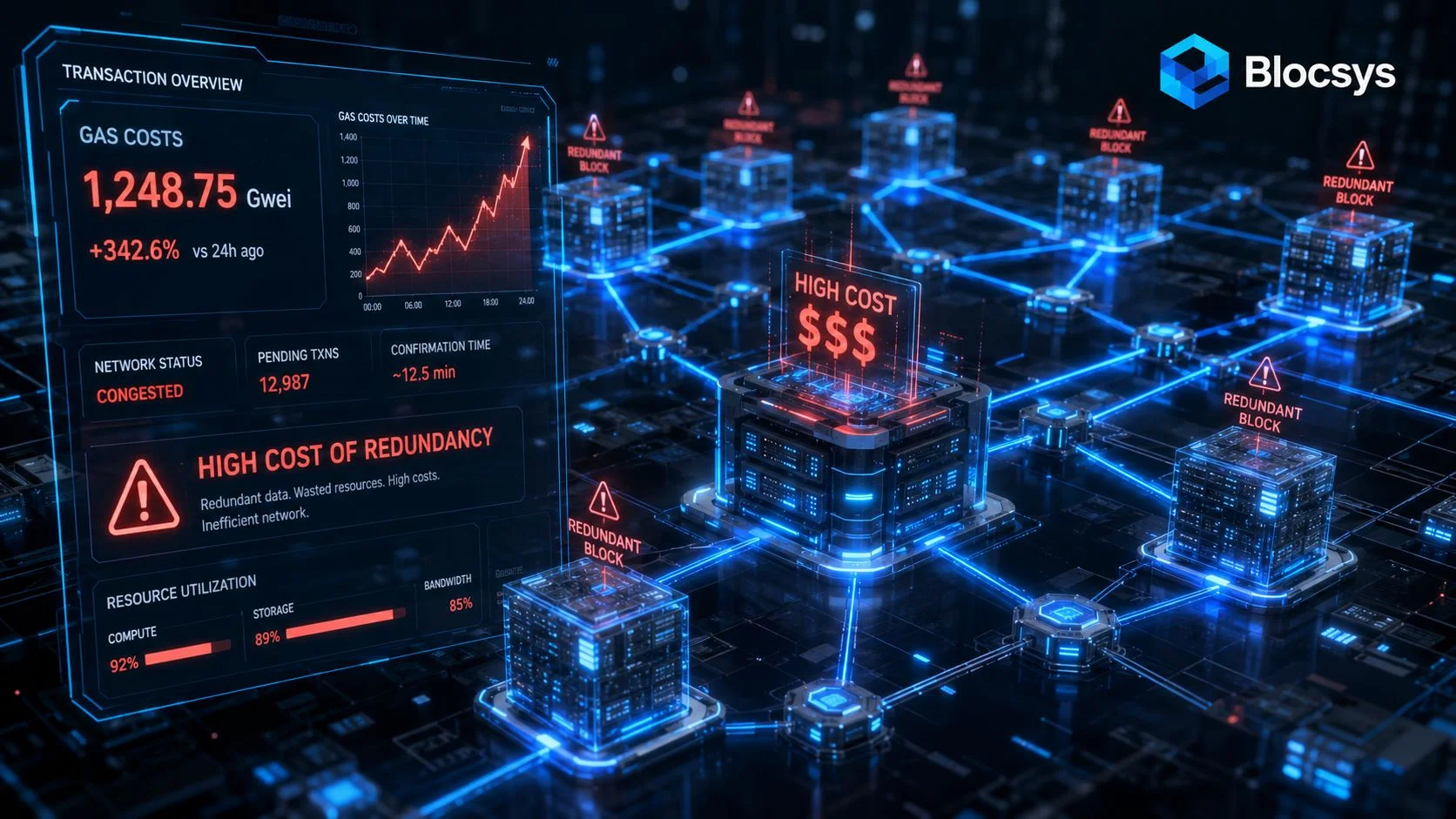 A digital dashboard showing high blockchain gas costs with warnings about redundant data and network inefficiency.