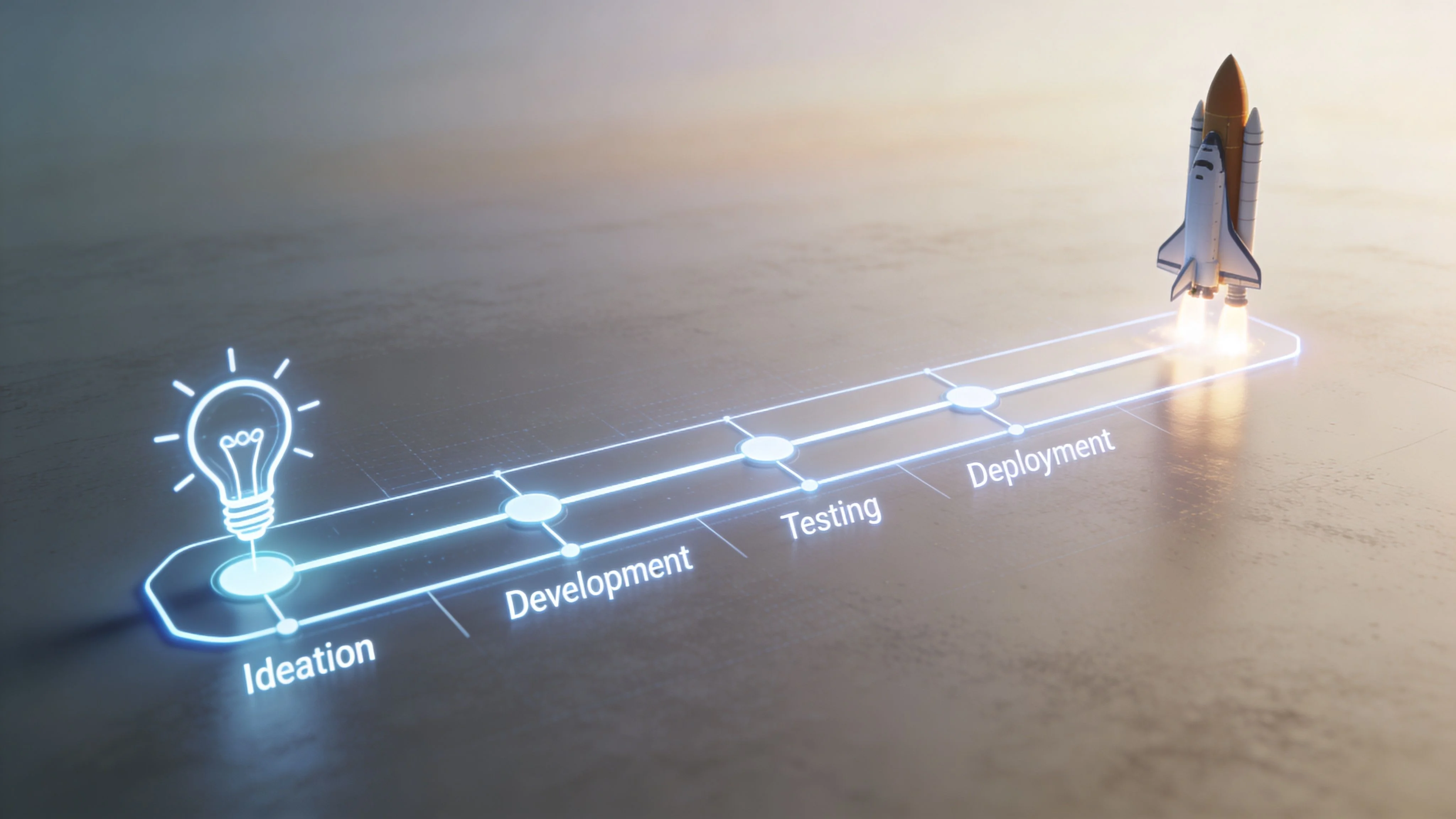 A digital timeline graphic illustrating the stages of crypto tech solutions from ideation to rocket launch deployment.
