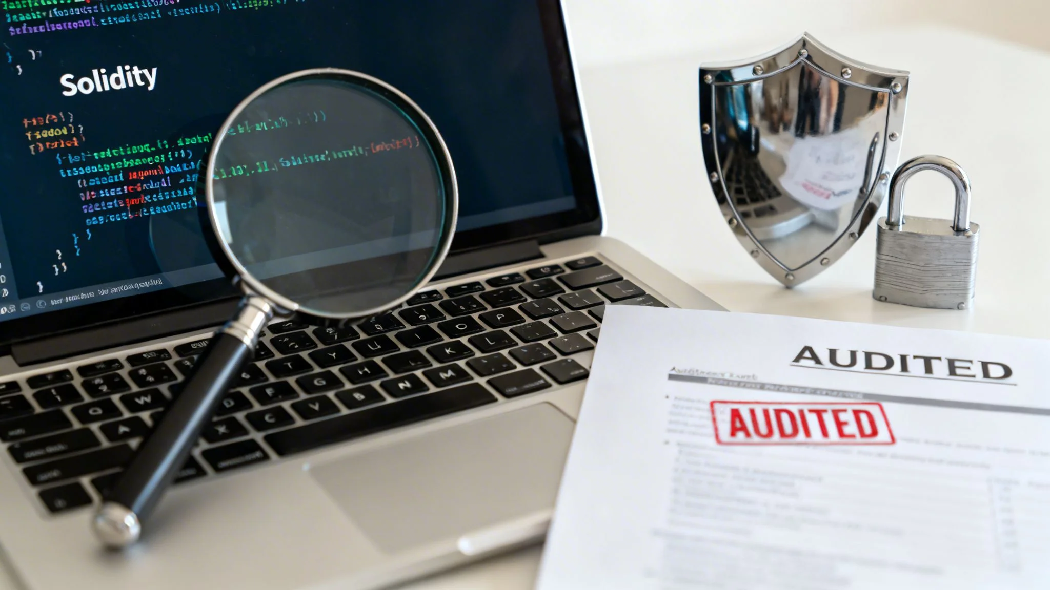 Security audit of Solidity smart contracts shown with laptop, magnifying glass, shield, and padlock.