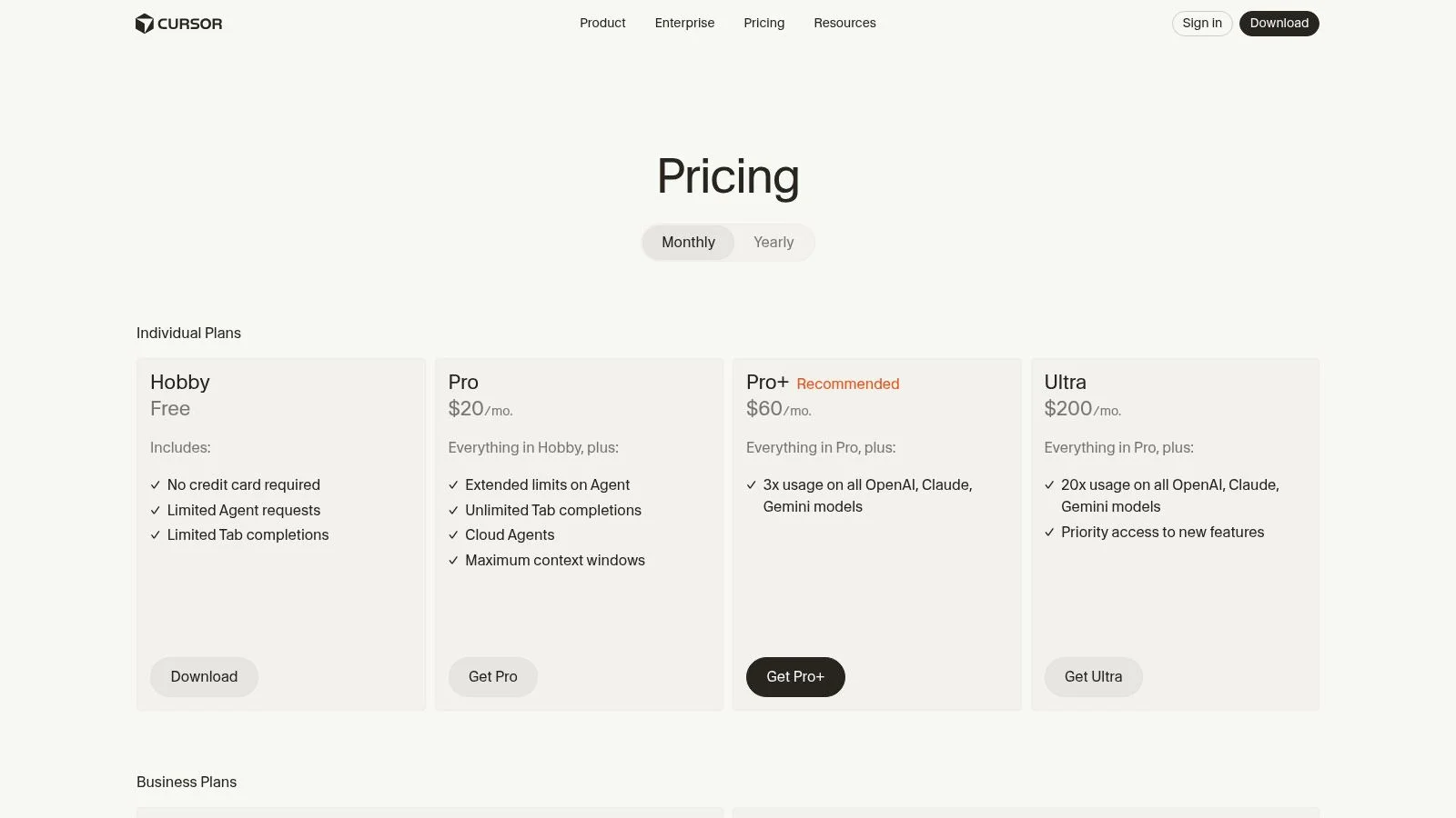 Cursor (AI IDE) pricing plans