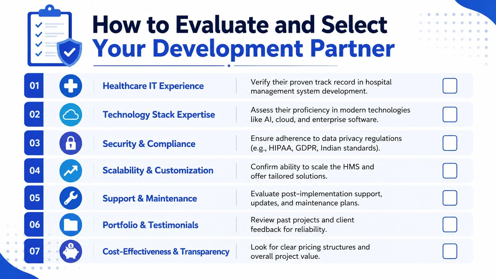 A checklist infographic outlining seven key criteria for evaluating and selecting a hospital management system development partner.